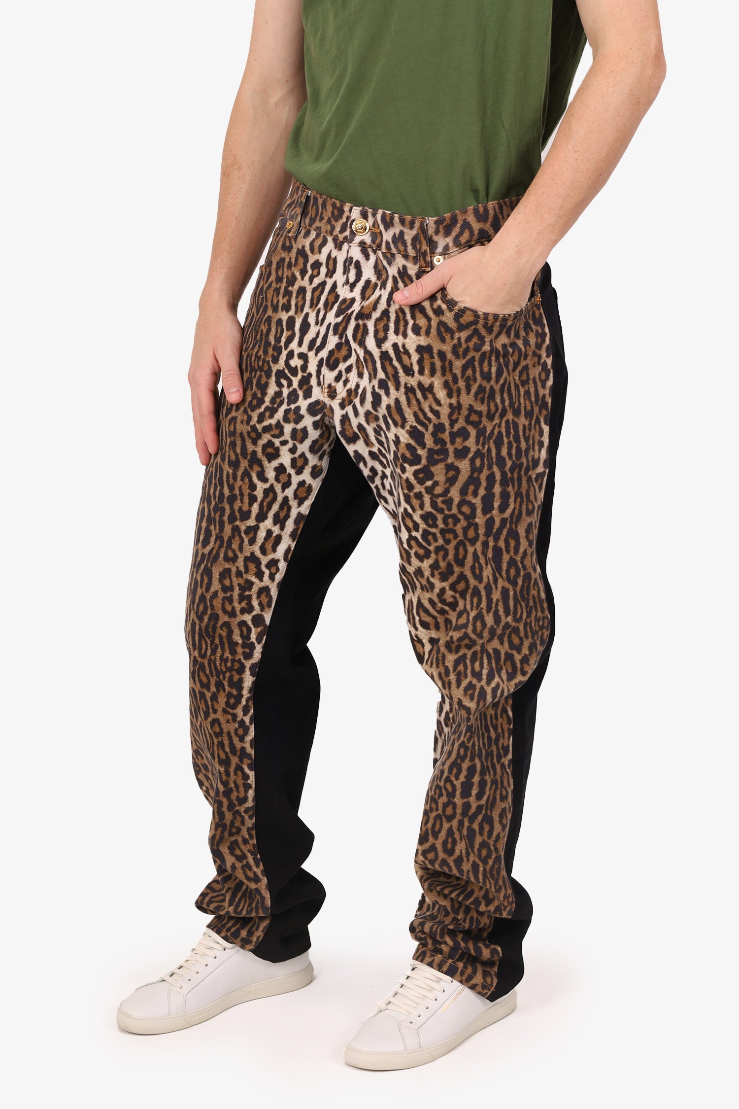 Versace Black Leopard Print Denim Straight Leg Jeans Size 40 Mens