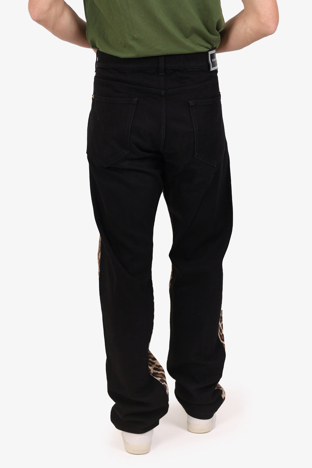 Versace Black Leopard Print Denim Straight Leg Jeans Size 40 Mens