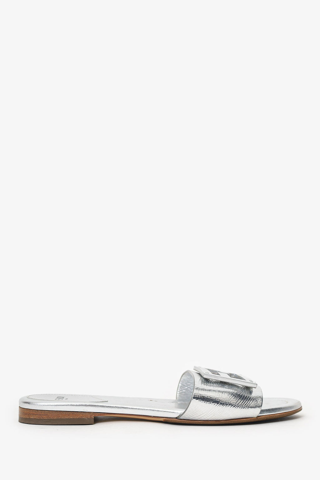 Fendi Silver Metallic Leather Baguette Slide Sandal Size 37