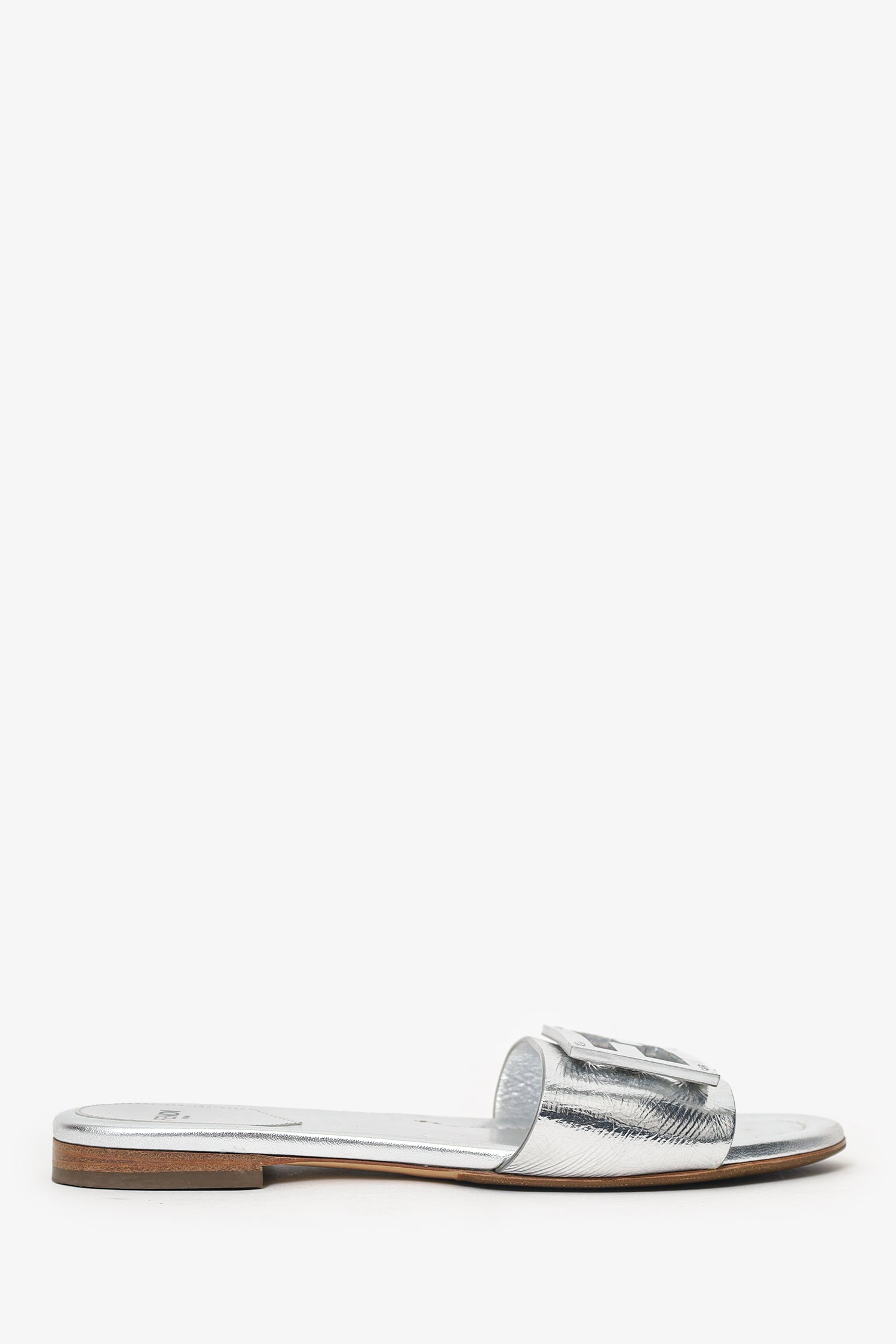 Fendi Silver Metallic Leather Baguette Slide Sandal Size 37