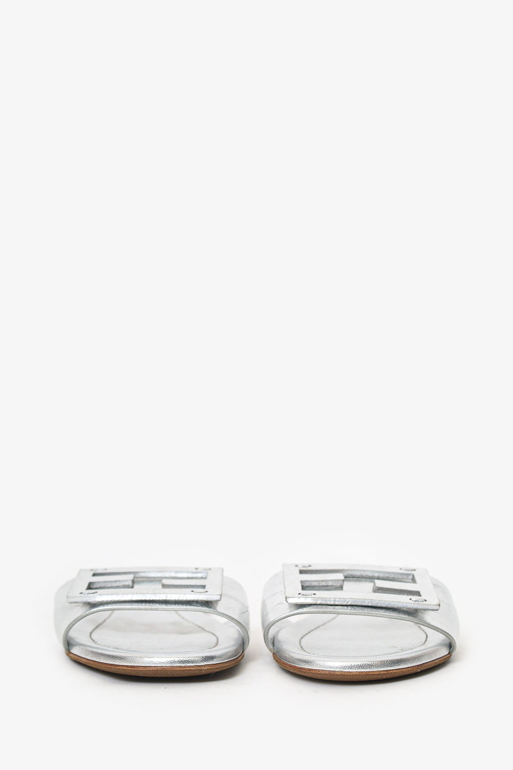 Fendi Silver Metallic Leather Baguette Slide Sandal Size 37
