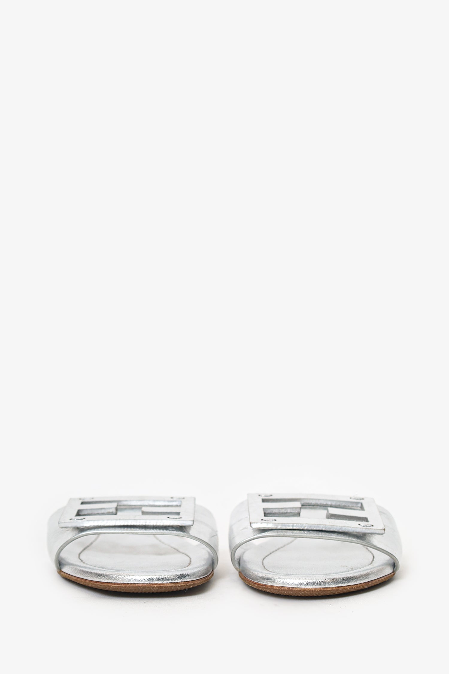 Fendi Silver Metallic Leather Baguette Slide Sandal Size 37