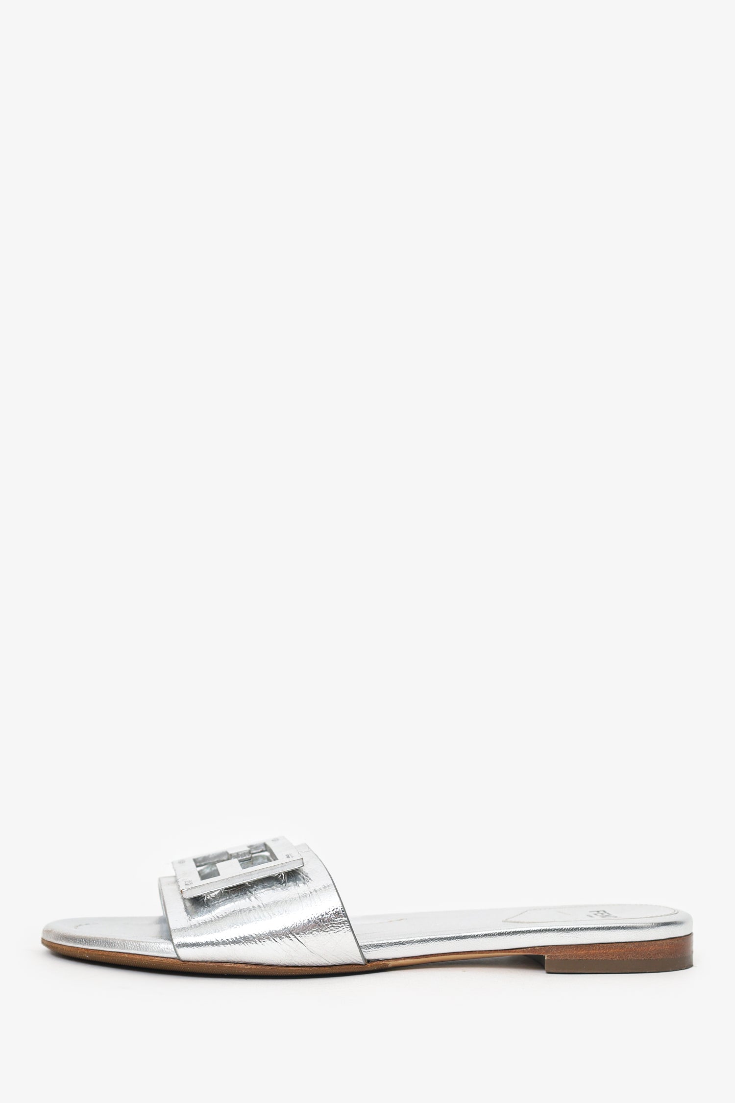 Fendi Silver Metallic Leather Baguette Slide Sandal Size 37