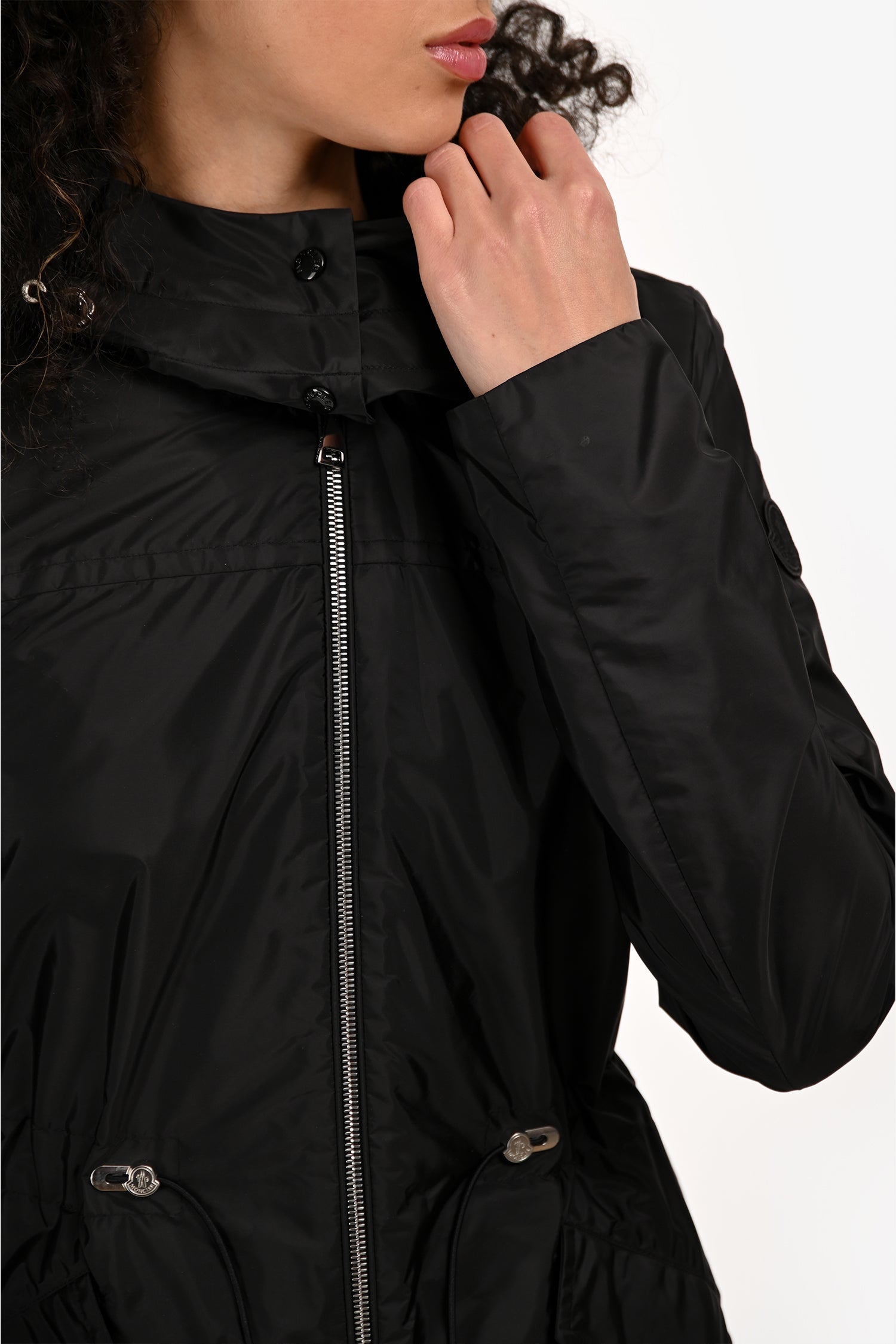 Moncler Black Nylon Cinched Waist Lace Hem Detail Jacket Size 0
