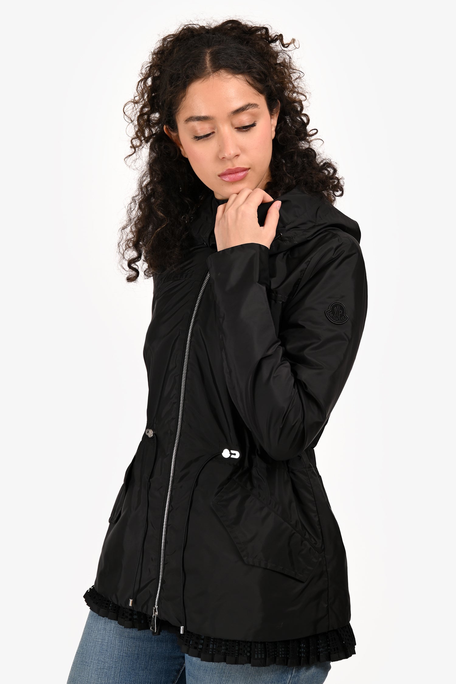 Moncler Black Nylon Cinched Waist Lace Hem Detail Jacket Size 0