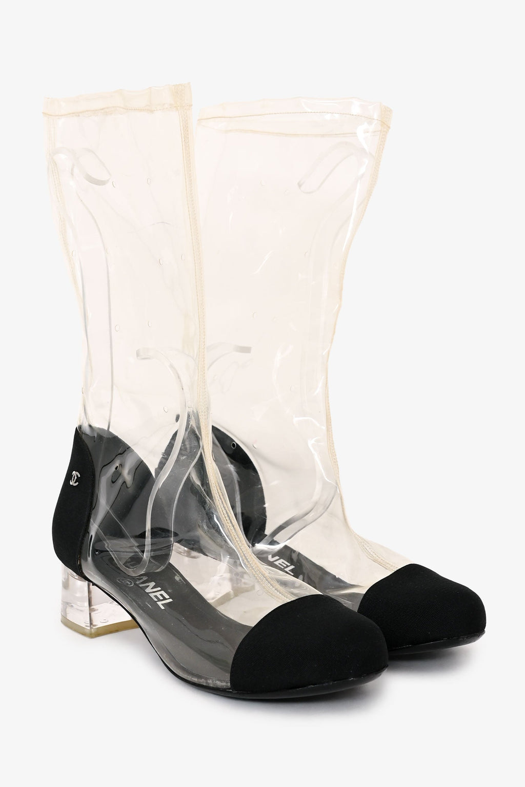 Pre-Loved Chanel™ 2018 Black/Transparent PVC Interlocking CC Boots Size 37