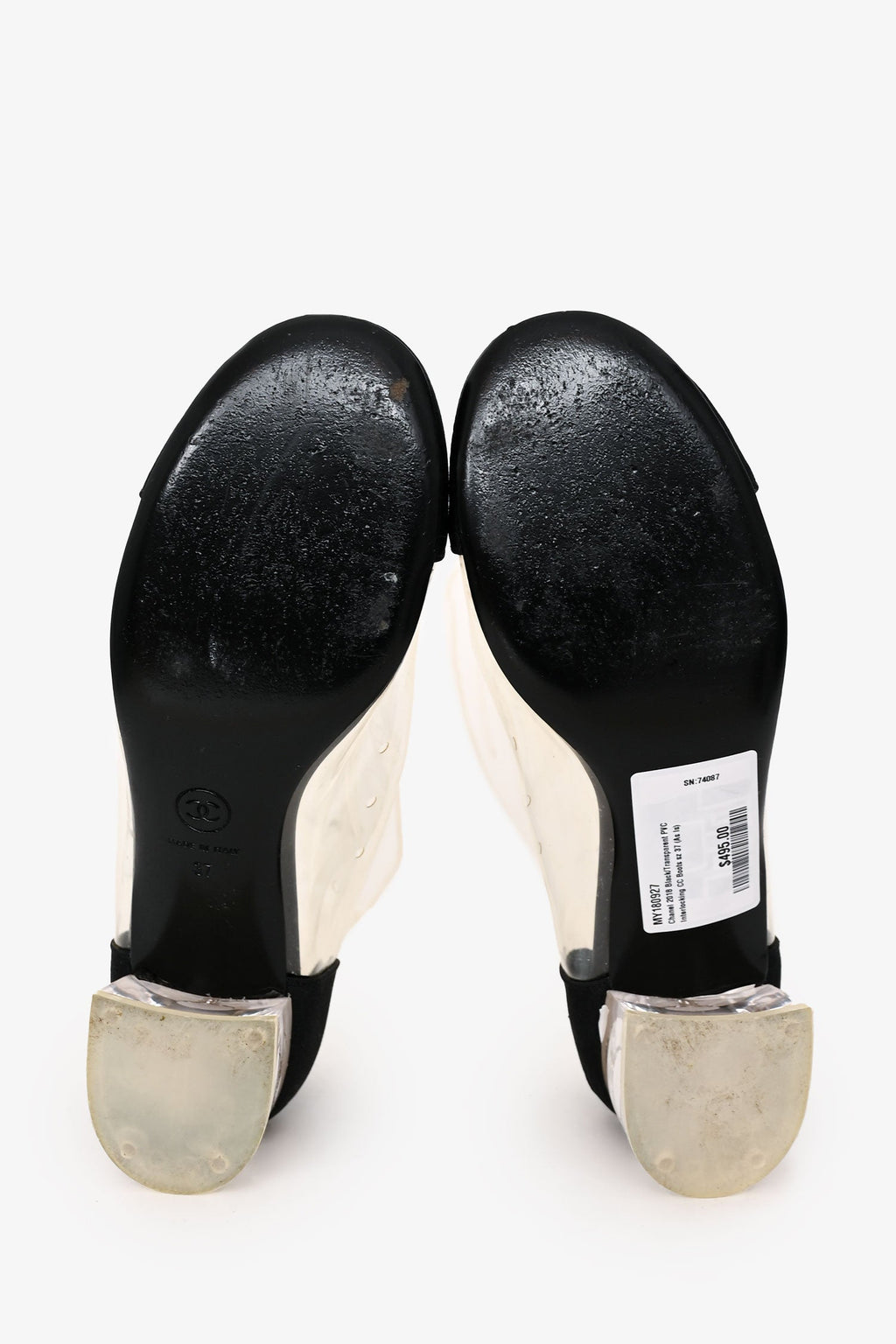 Pre-Loved Chanel™ 2018 Black/Transparent PVC Interlocking CC Boots Size 37