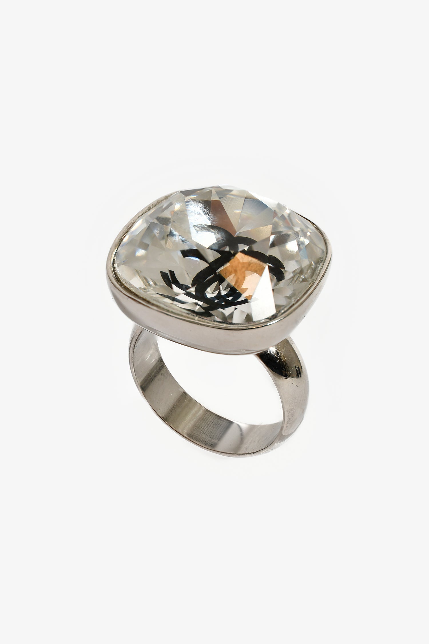 Pre-Loved Chanel™ 2017 Silver Toned CC Crystal Cocktail Ring