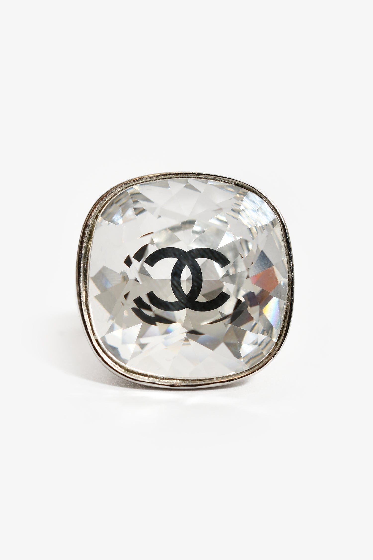 Pre-Loved Chanel™ 2017 Silver Toned CC Crystal Cocktail Ring