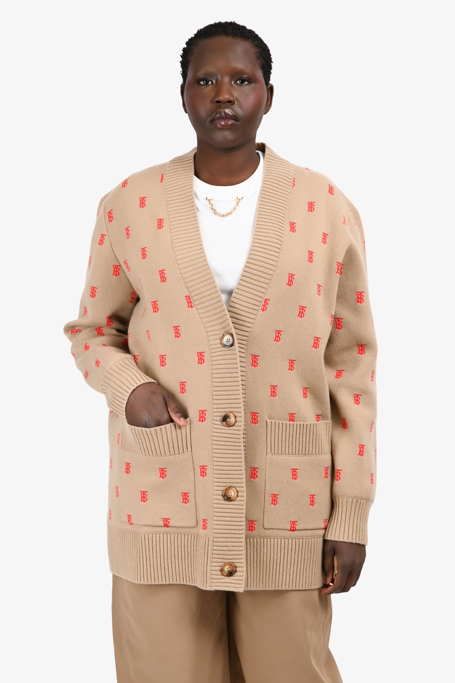 Burberry igan Beige Wool/Cashmere 'TB' Monogram igan Size L
