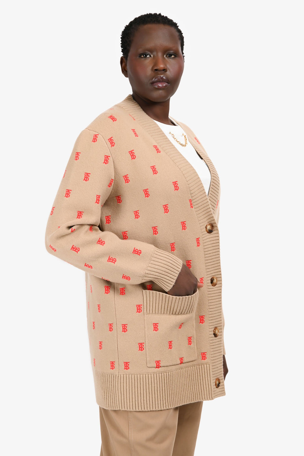 Burberry igan Beige Wool/Cashmere 'TB' Monogram igan Size L