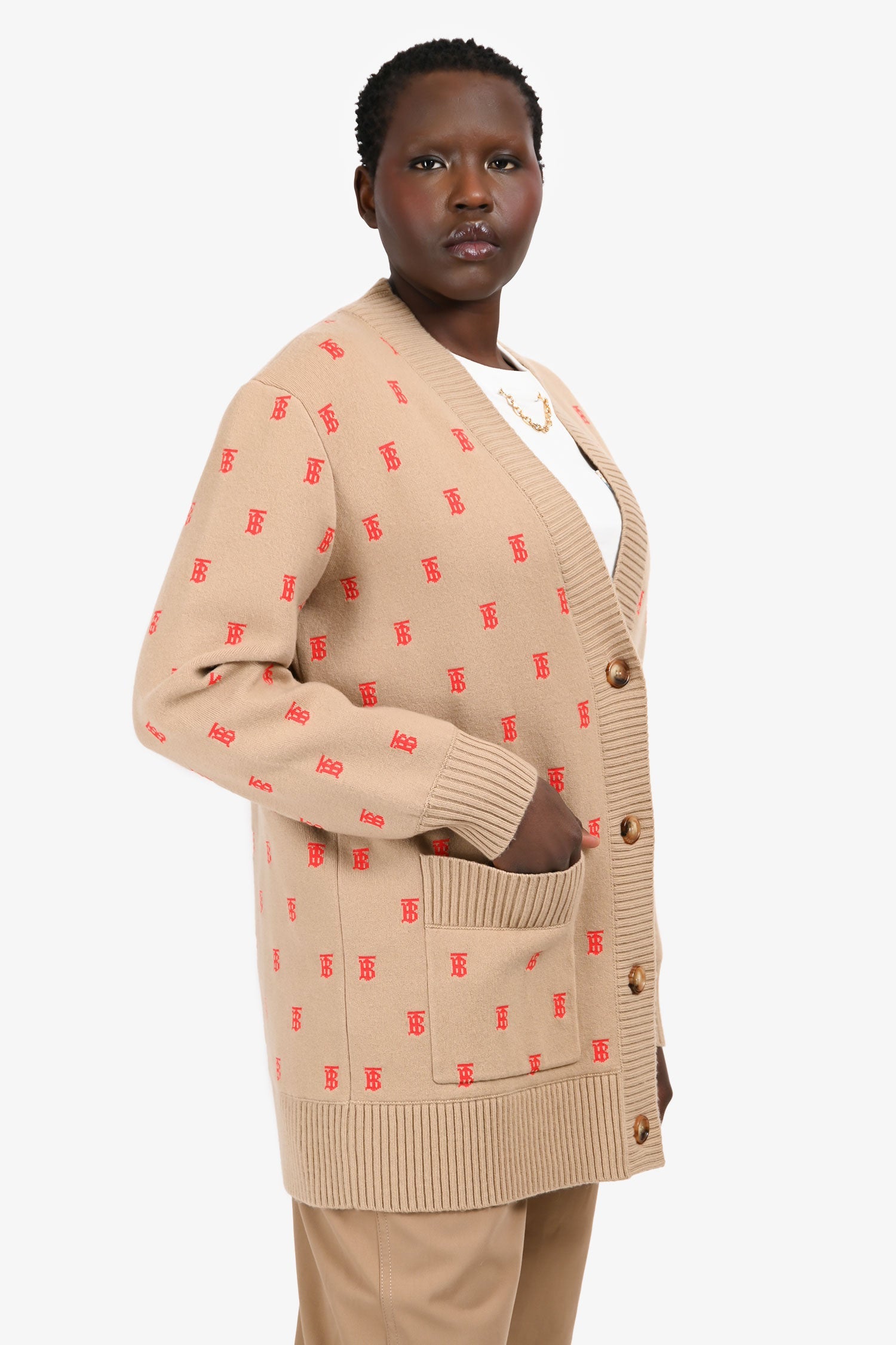 Burberry igan Beige Wool/Cashmere 'TB' Monogram igan Size L