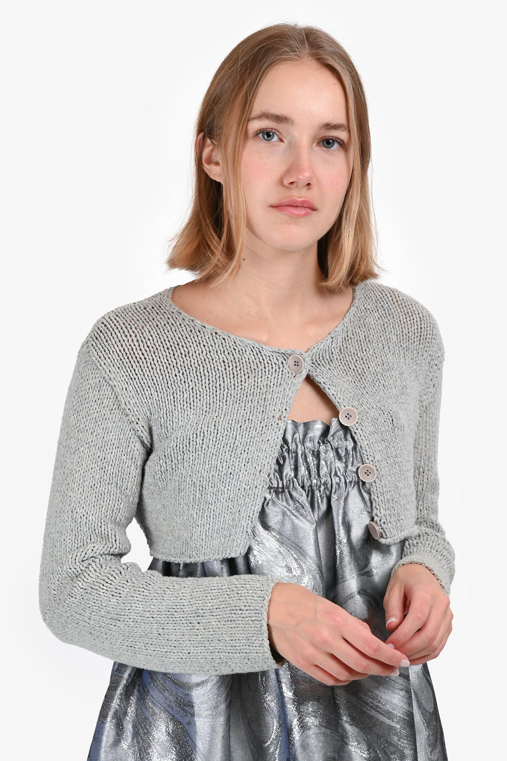 MM6 Maison Martin Margiela Light Grey Cotton Knit Crop Jacket Size M