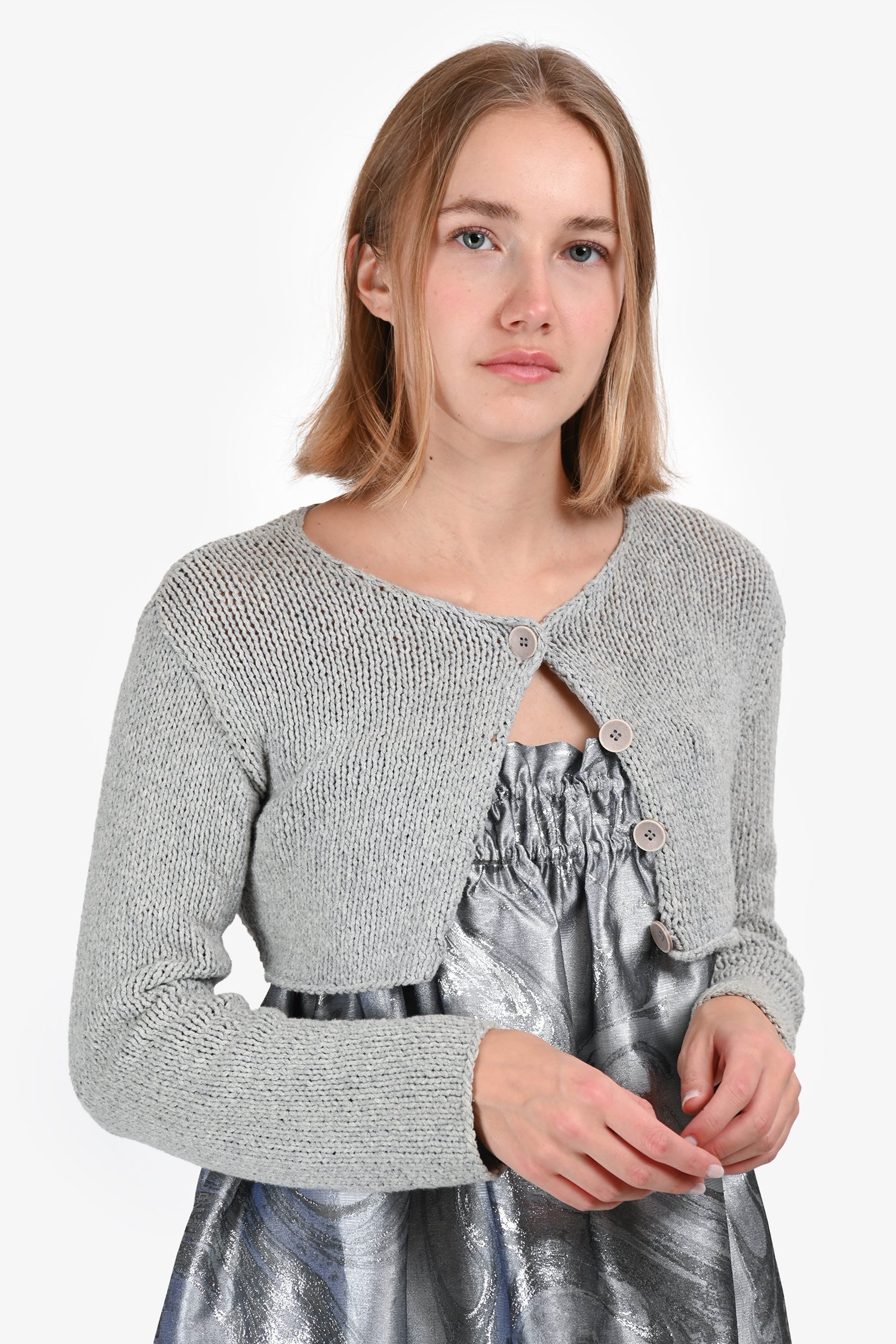 MM6 Maison Martin Margiela Light Grey Cotton Knit Crop Jacket Size M