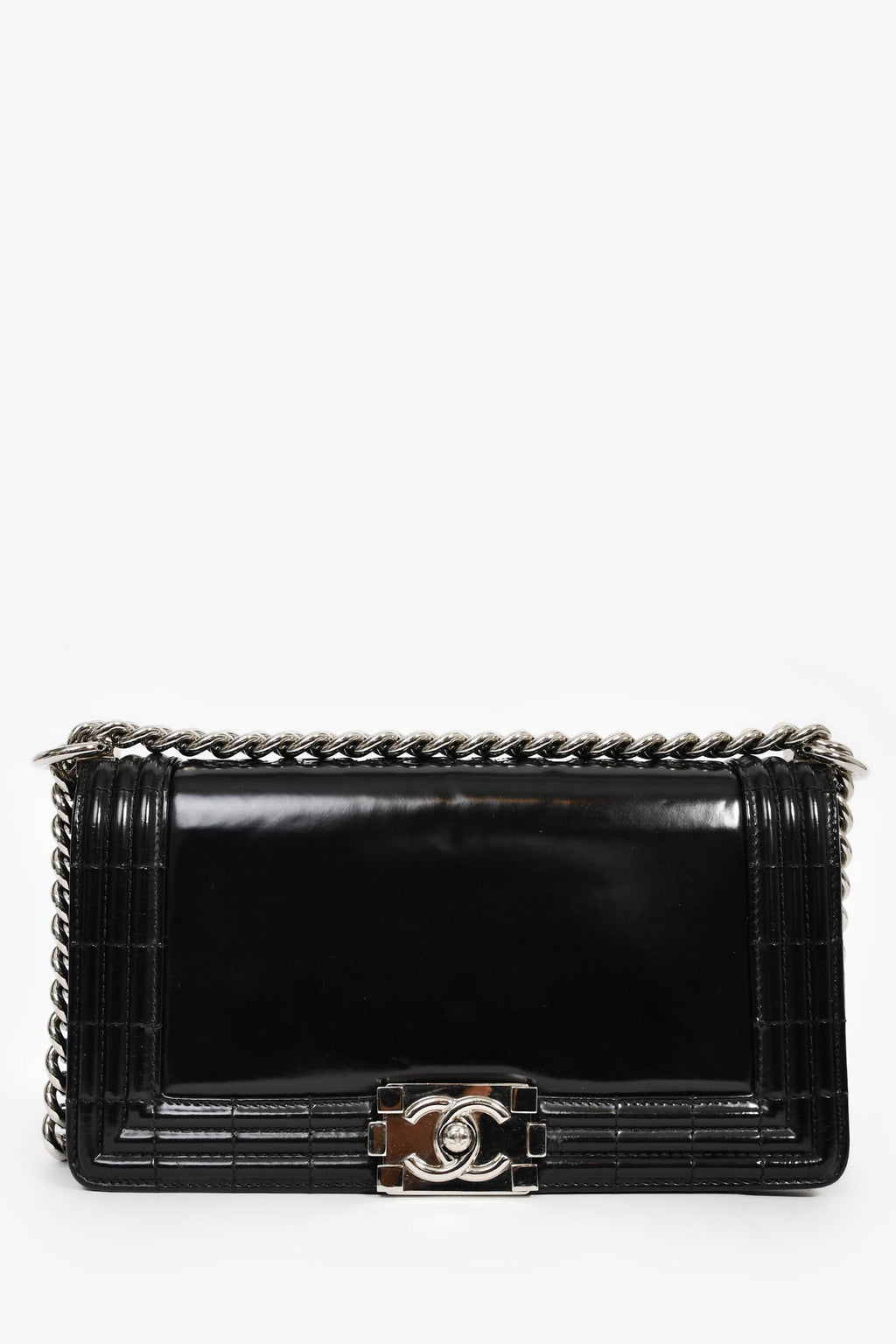 Pre-Loved Chanel™ 2012 Black Patent Leather Medium Reverso Boy Bag SHW