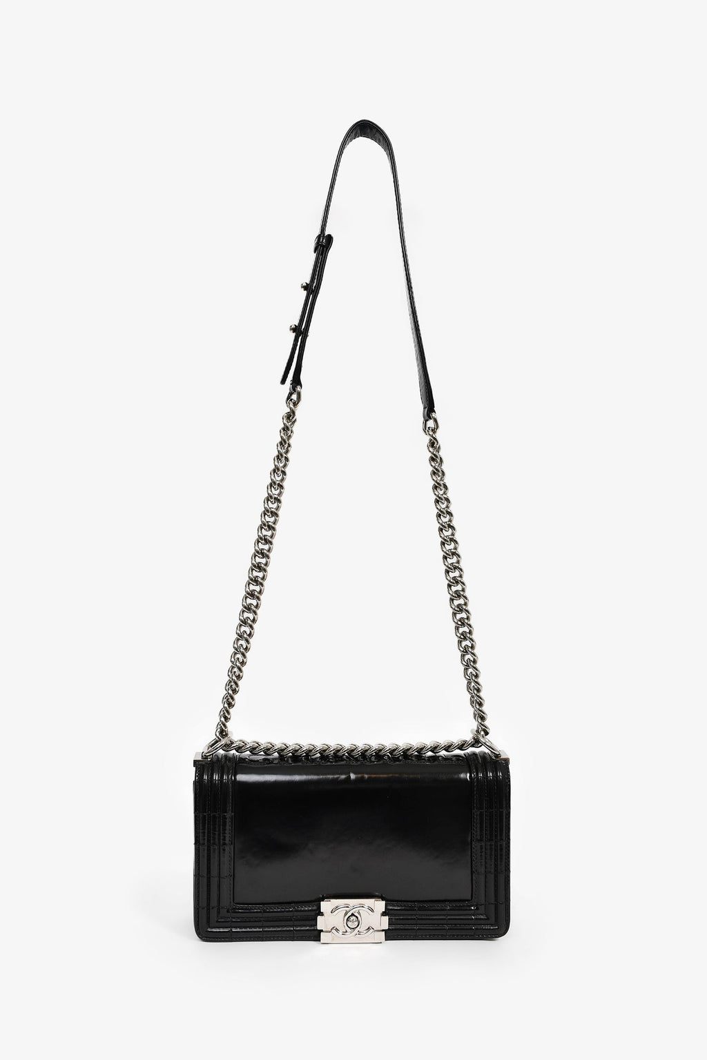 Pre-Loved Chanel™ 2012 Black Patent Leather Medium Reverso Boy Bag SHW