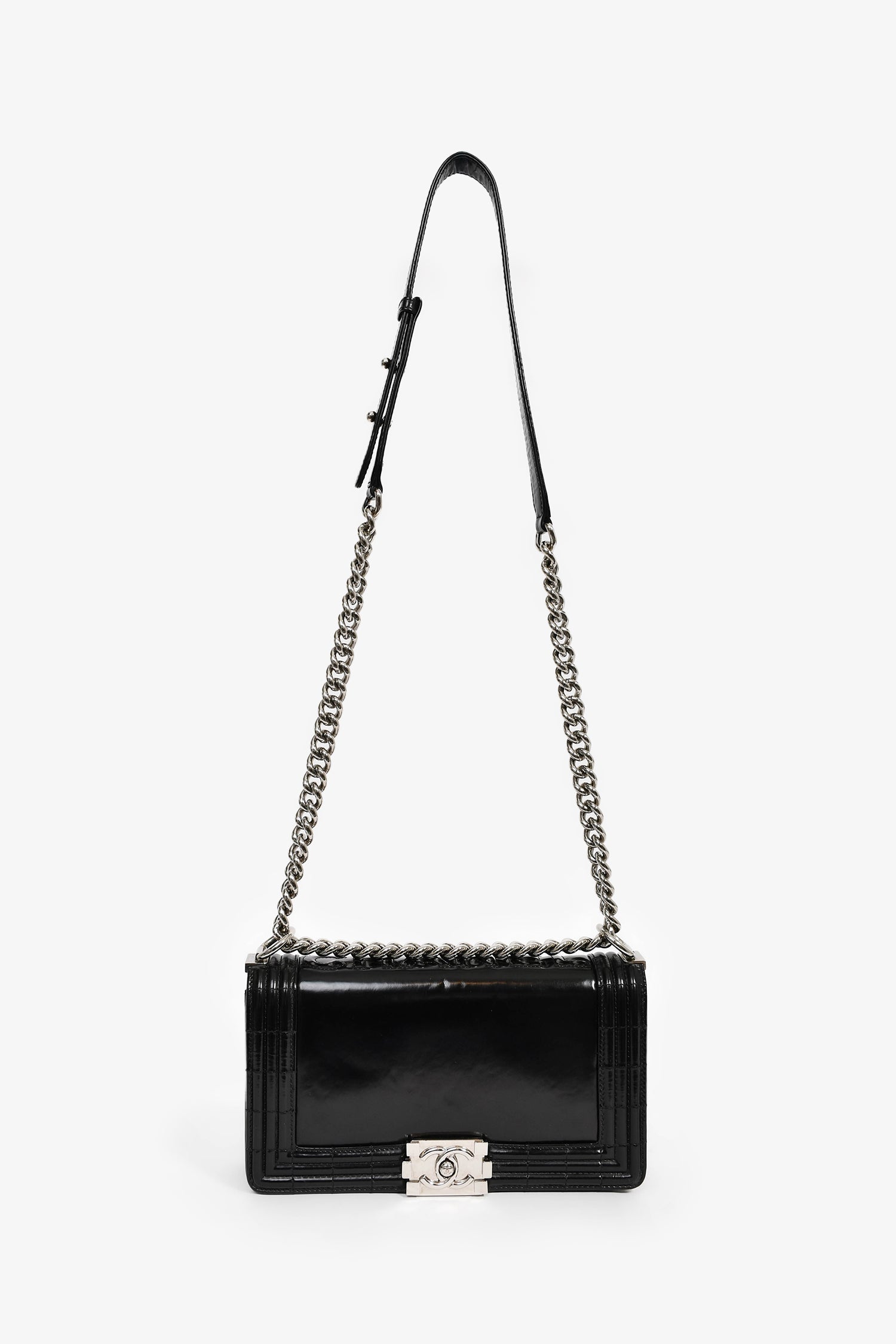 Pre-Loved Chanel™ 2012 Black Patent Leather Medium Reverso Boy Bag SHW