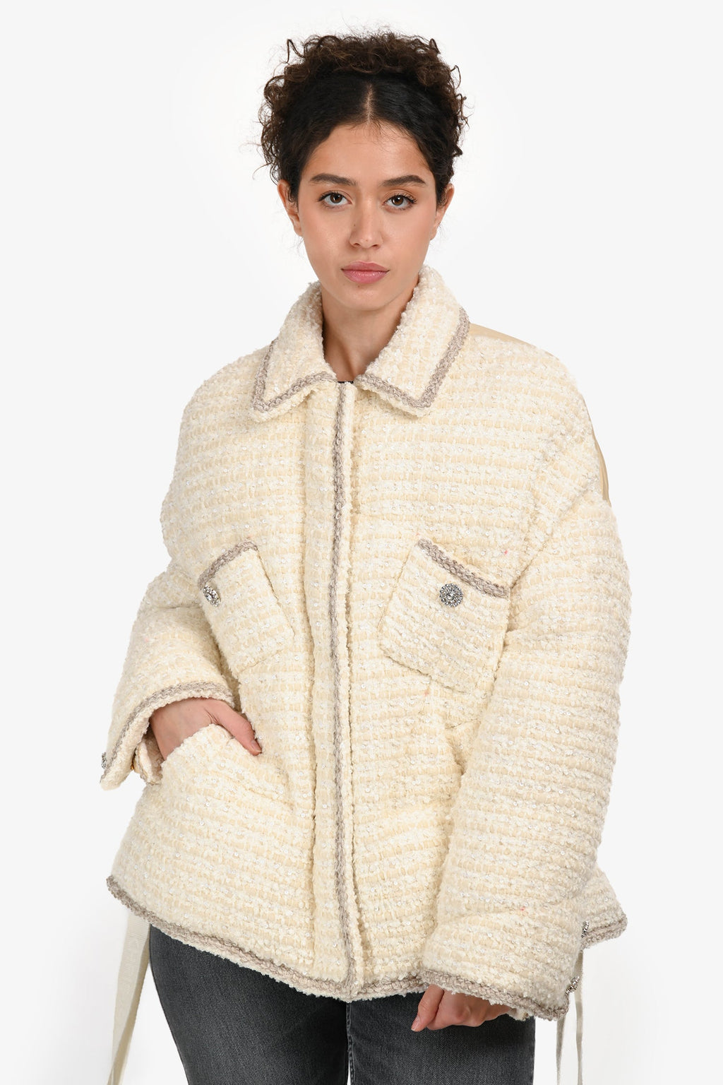 Khrisjoy Cream Tweed Embellished Button Puffer Jacket Size 0