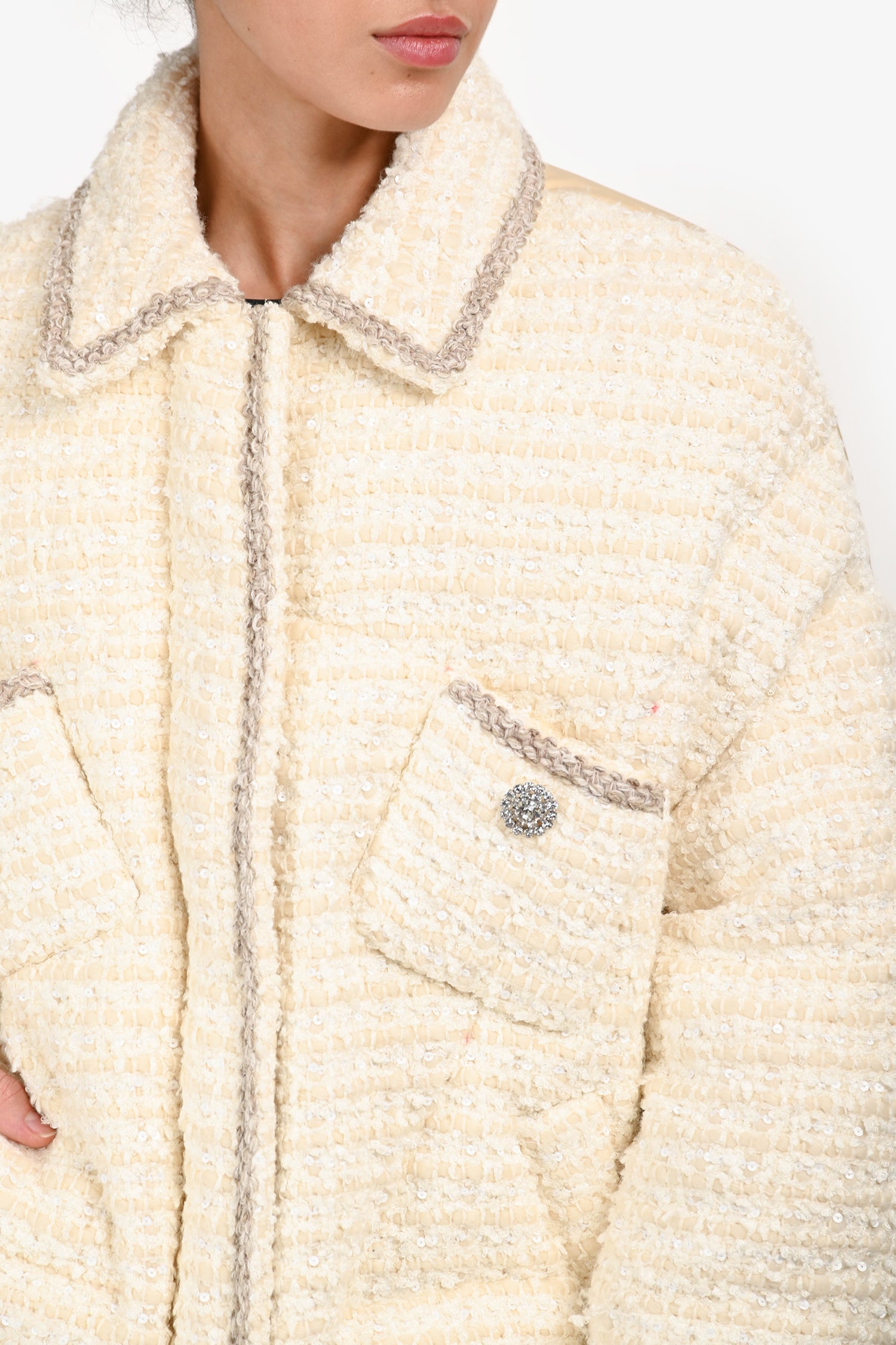 Khrisjoy Cream Tweed Embellished Button Puffer Jacket Size 0
