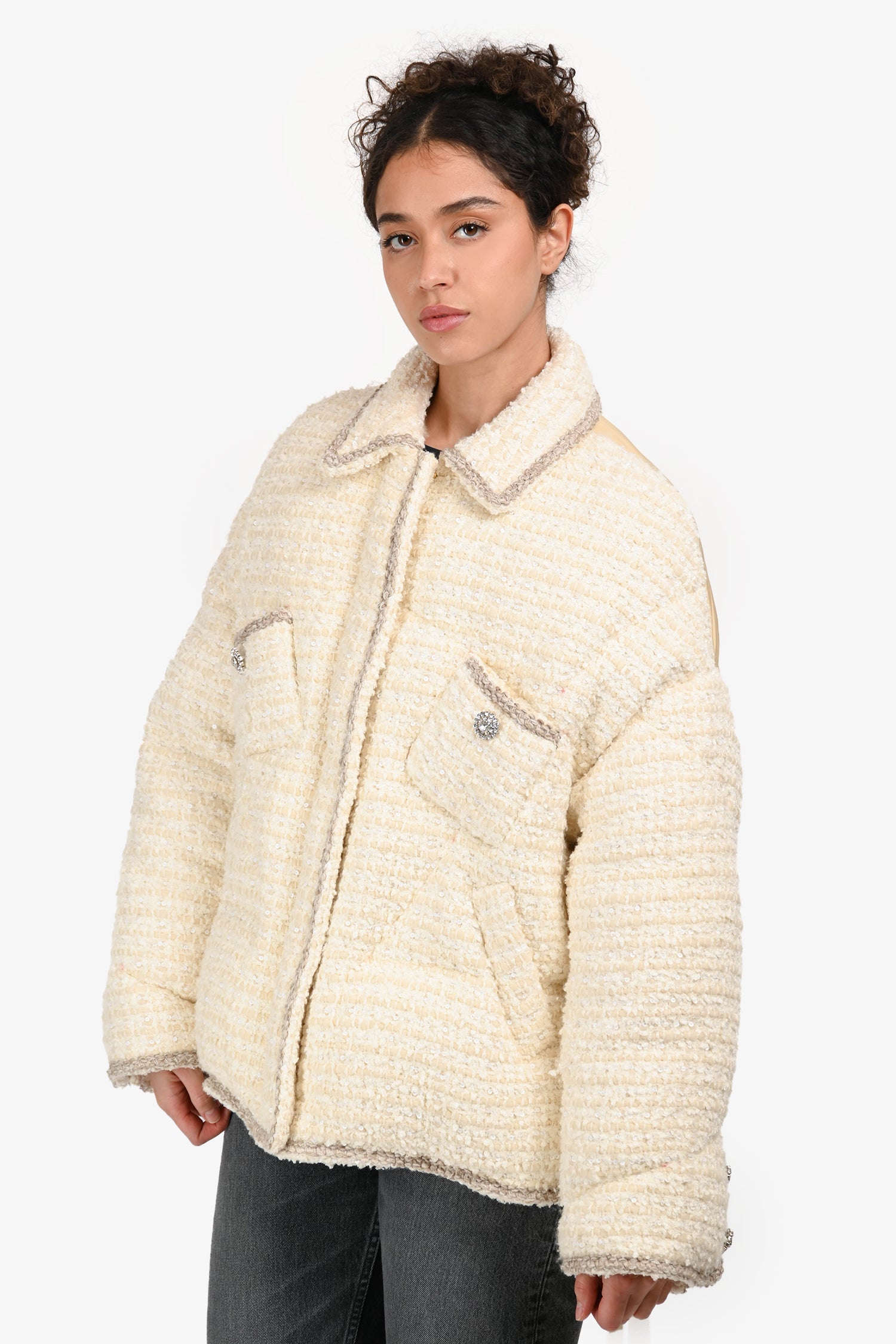 Khrisjoy Cream Tweed Embellished Button Puffer Jacket Size 0