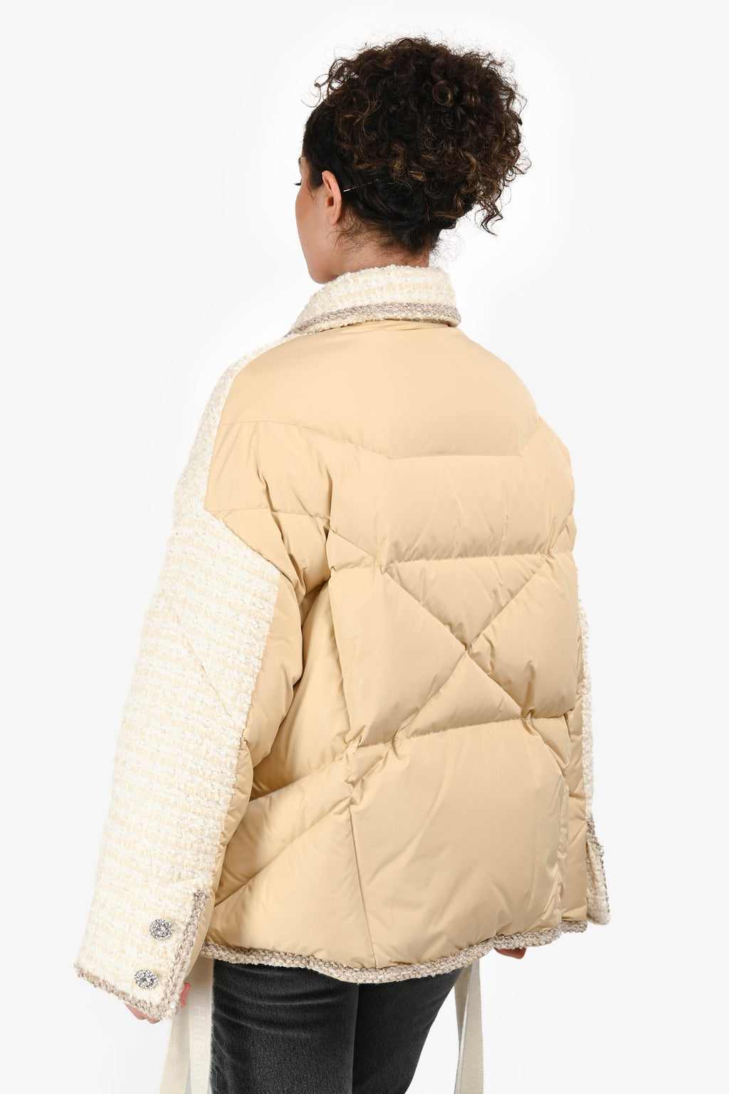 Khrisjoy Cream Tweed Embellished Button Puffer Jacket Size 0