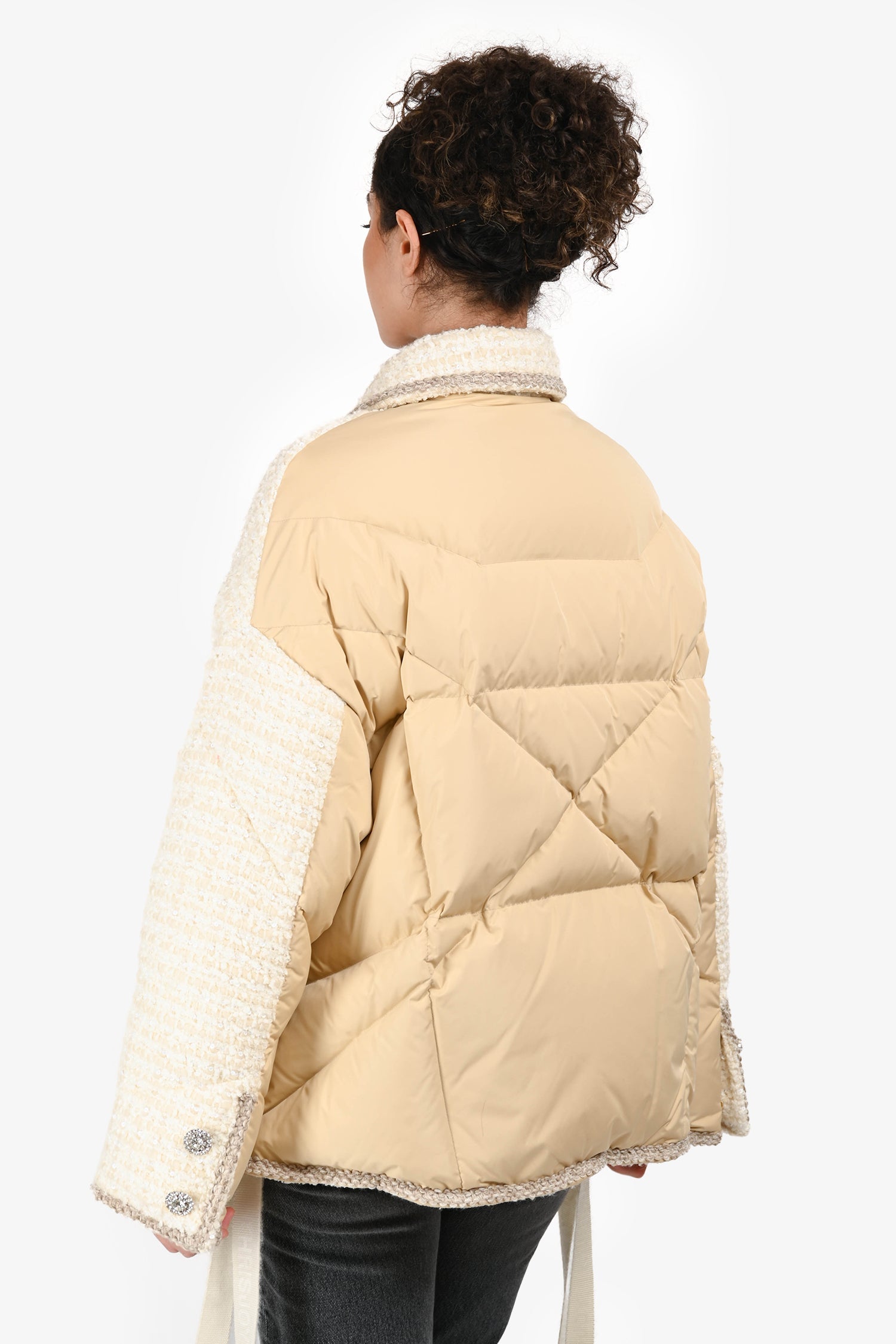 Khrisjoy Cream Tweed Embellished Button Puffer Jacket Size 0