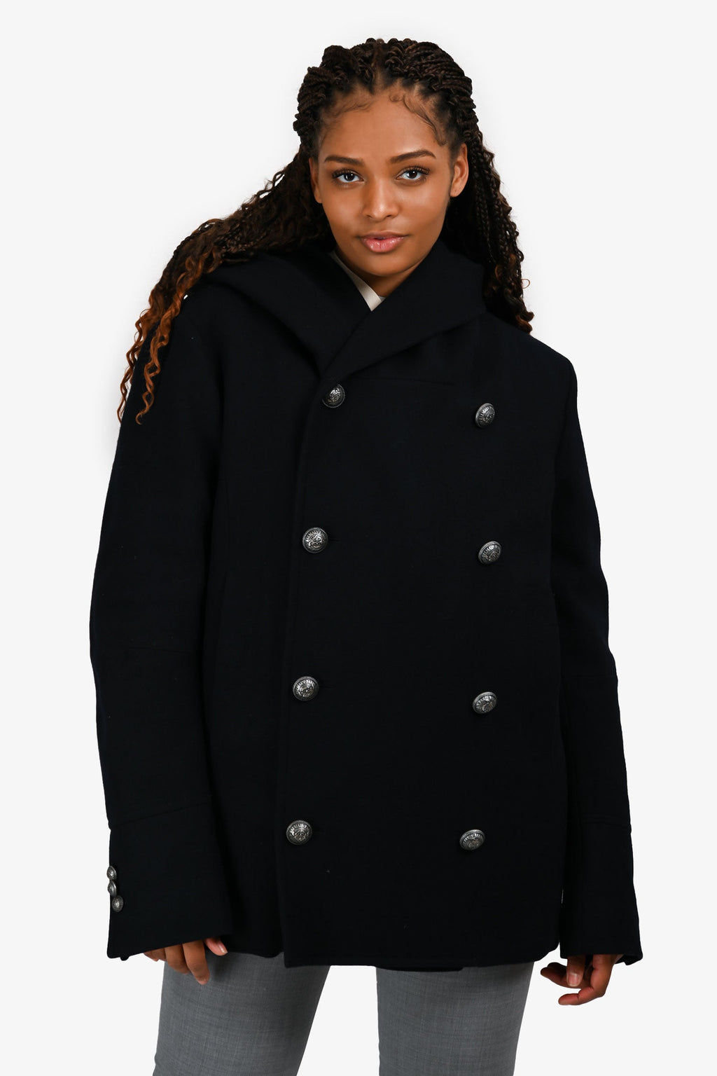 Balmain Navy Blue Wool Double Breasted Hooded Coat Size 54 Mens