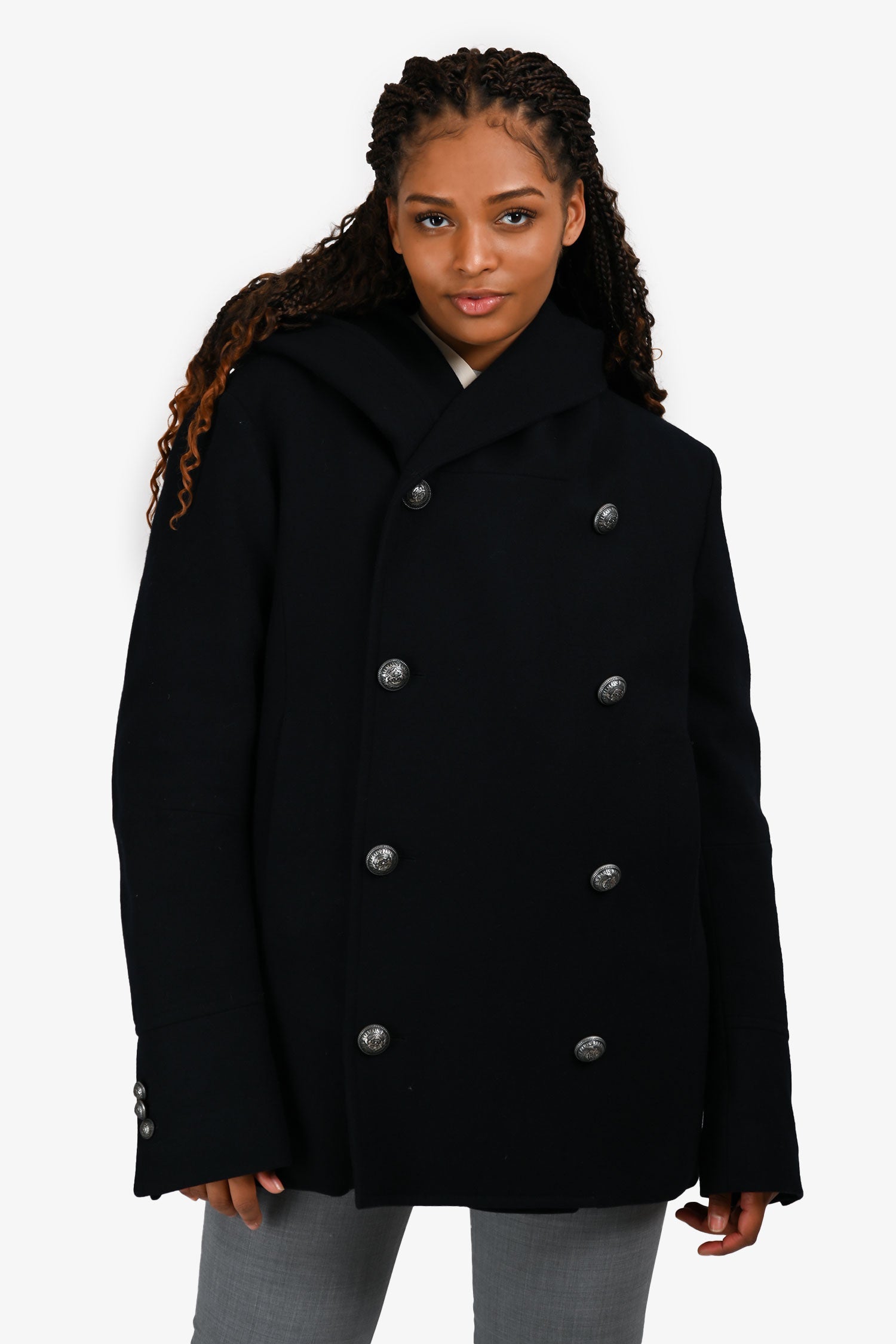 Balmain Navy Blue Wool Double Breasted Hooded Coat Size 54 Mens