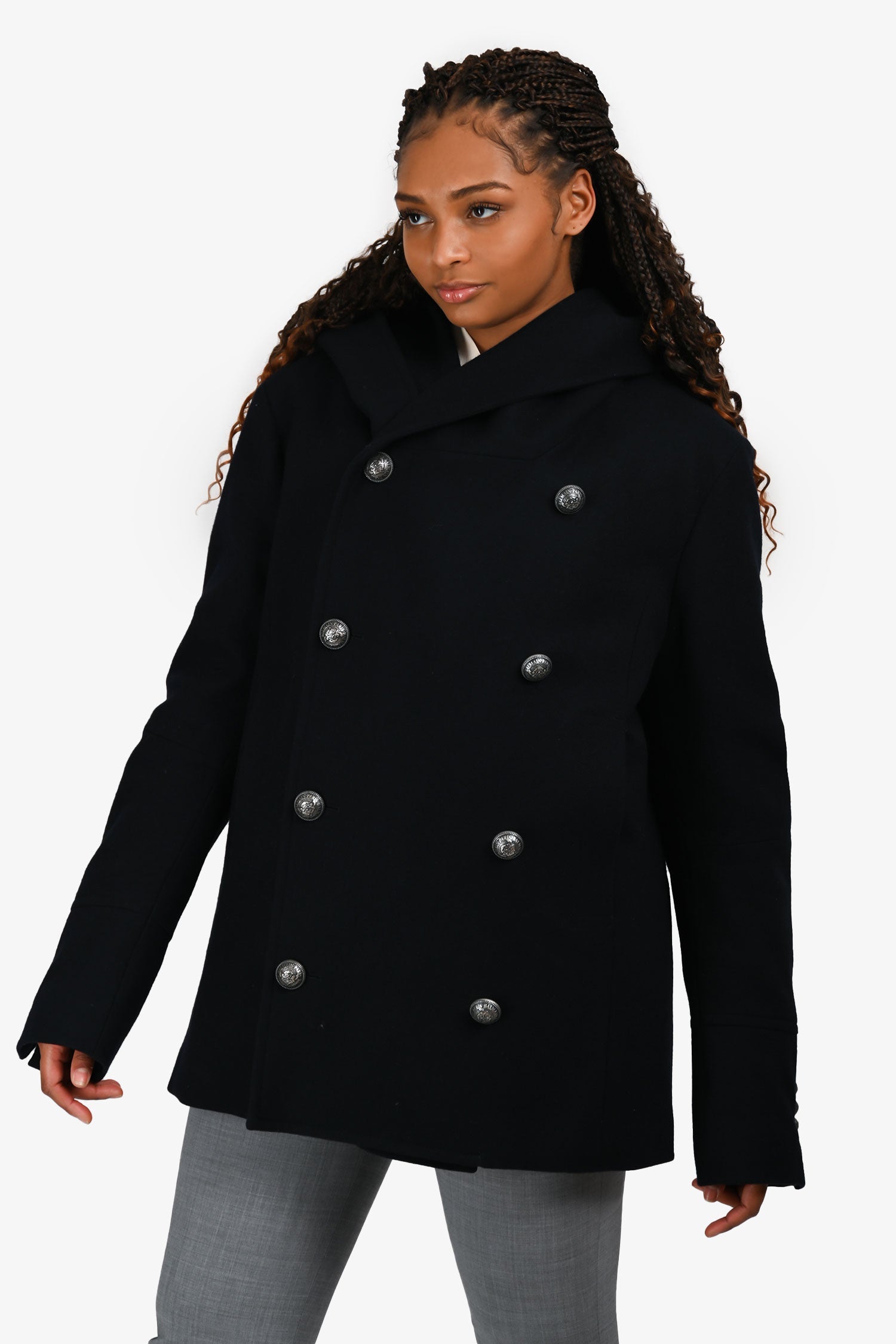 Balmain Navy Blue Wool Double Breasted Hooded Coat Size 54 Mens