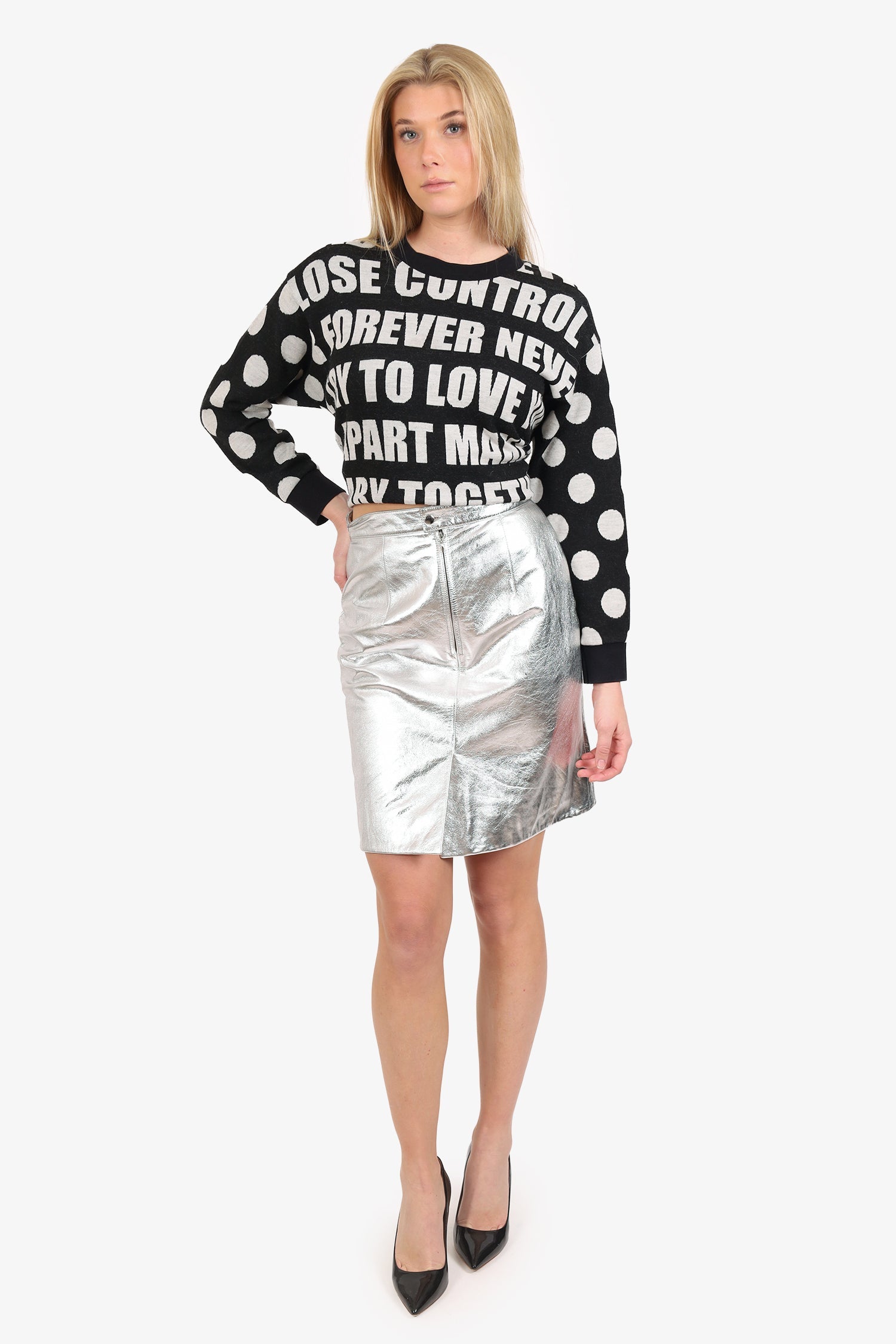 Alexa Chung Silver Metallic Faux Leather Pencil Skirt Size 10