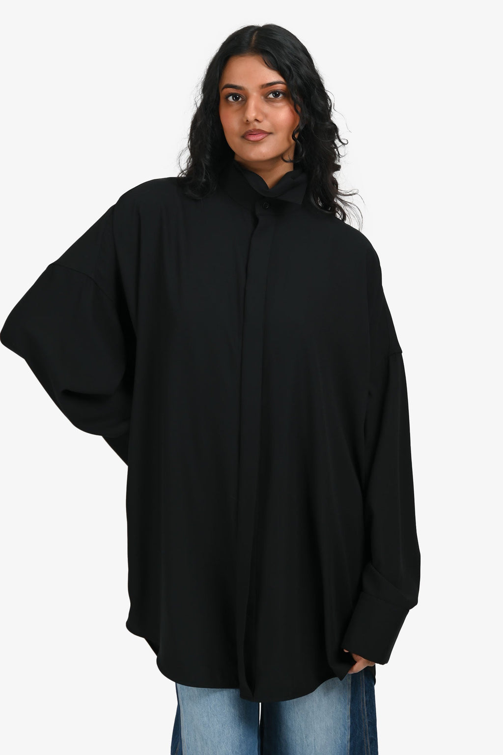 Balenciaga 2020 Black Neck Tie Oversized Button Up Shirt Size 34