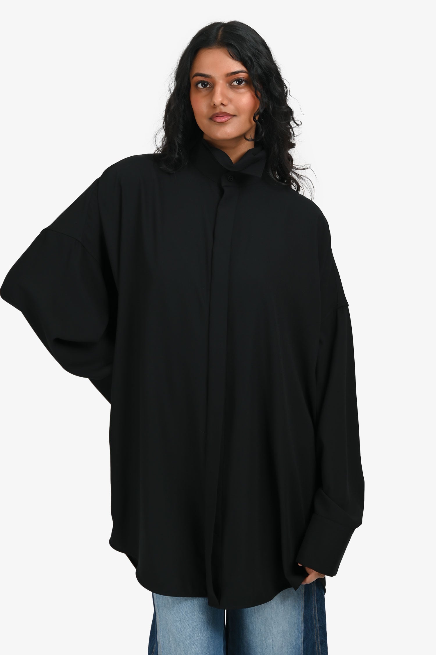 Balenciaga 2020 Black Neck Tie Oversized Button Up Shirt Size 34