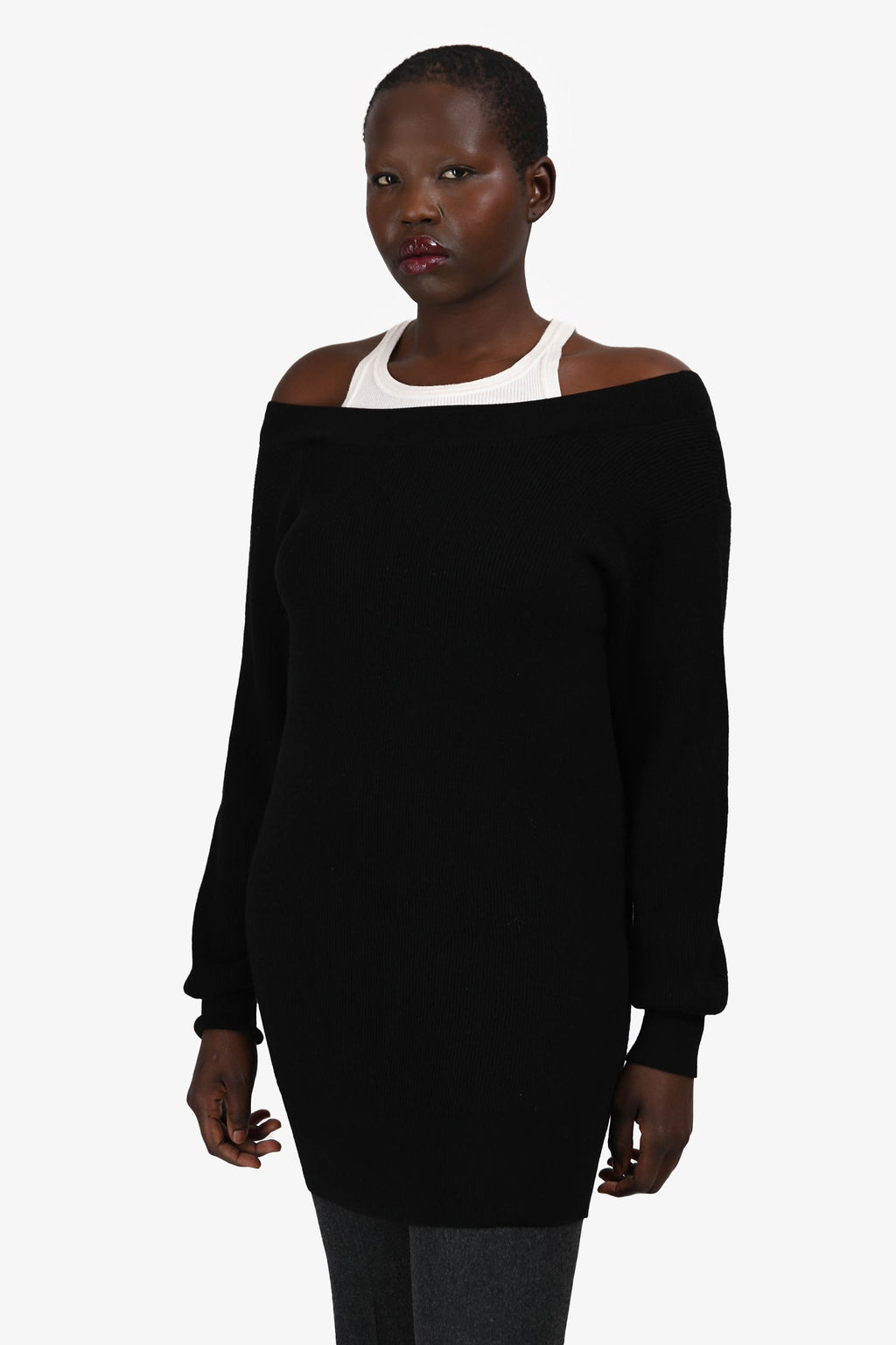 T By Alexander Wang White/Black Ribbed Knit Mini Dress Size L