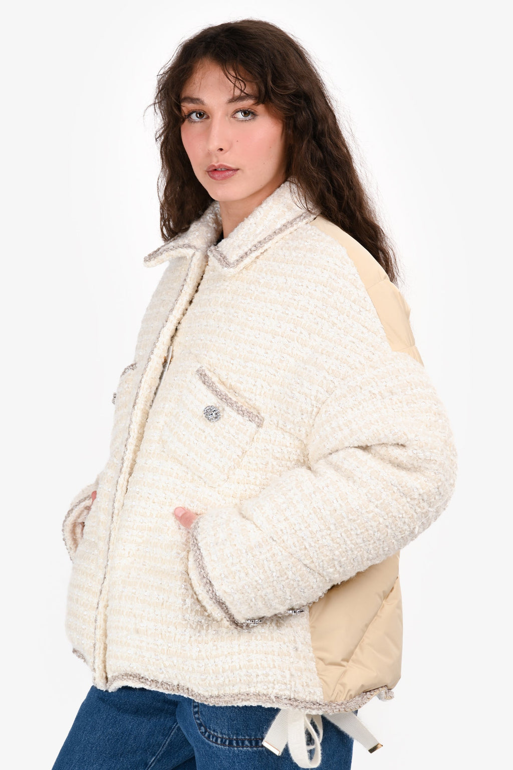 KhrisJoy White Crystal Embellished Tweed Down Jacket Size 0