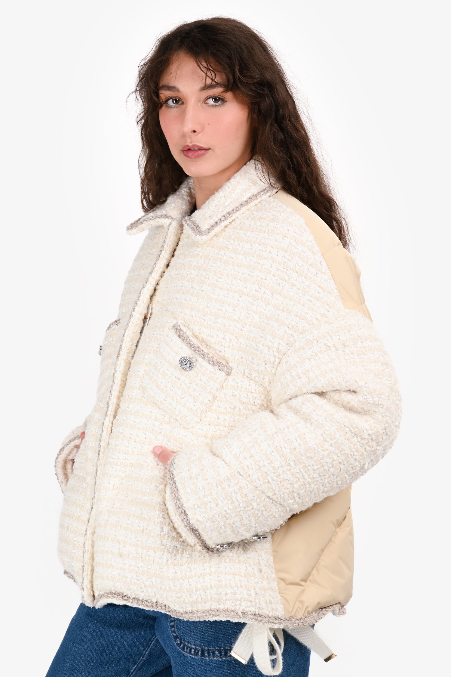 KhrisJoy White Crystal Embellished Tweed Down Jacket Size 0
