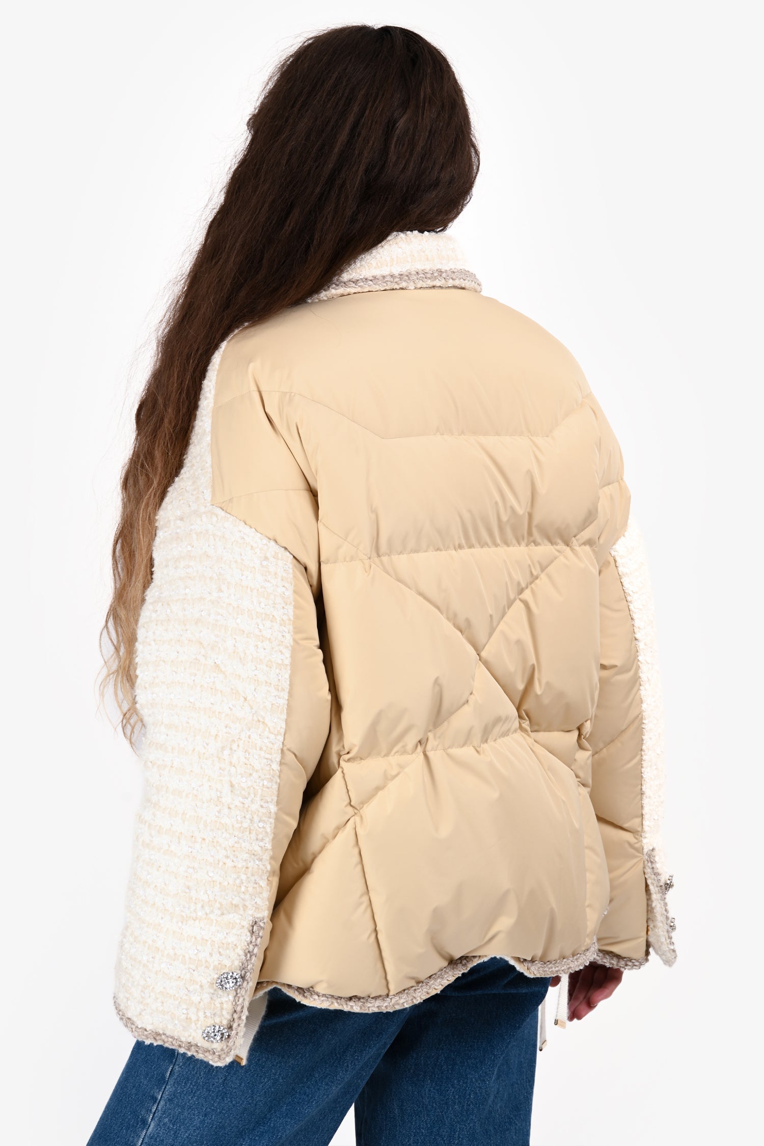 KhrisJoy White Crystal Embellished Tweed Down Jacket Size 0