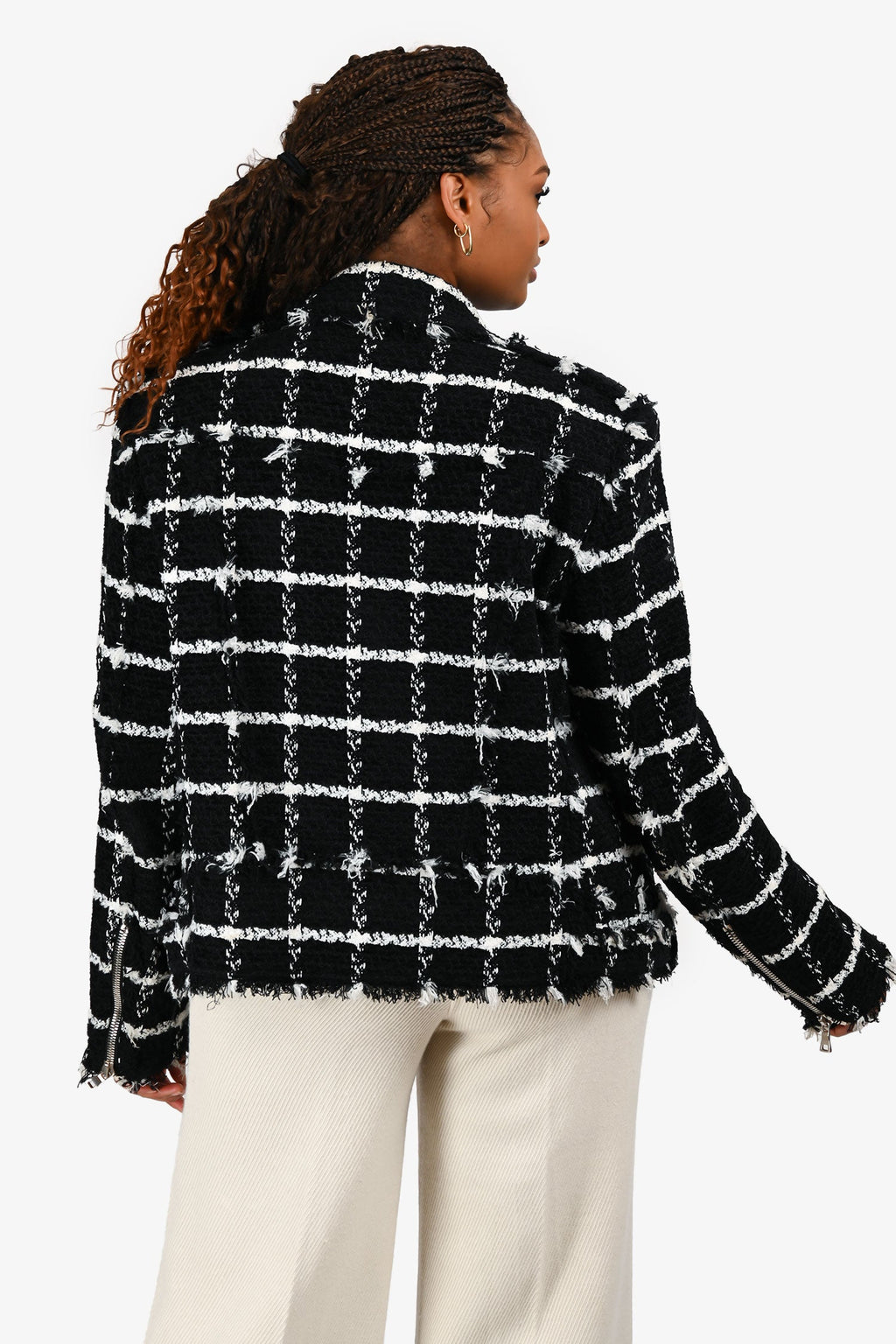 Balmain Black/White Tweed Checked Moto Biker Jacket Size 52 Mens