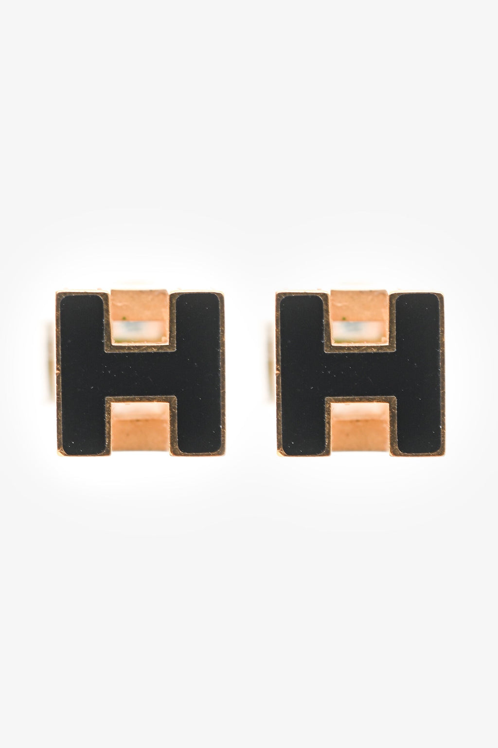 Hermès Gold Tone Metal/Black Enamel H Cube Earrings