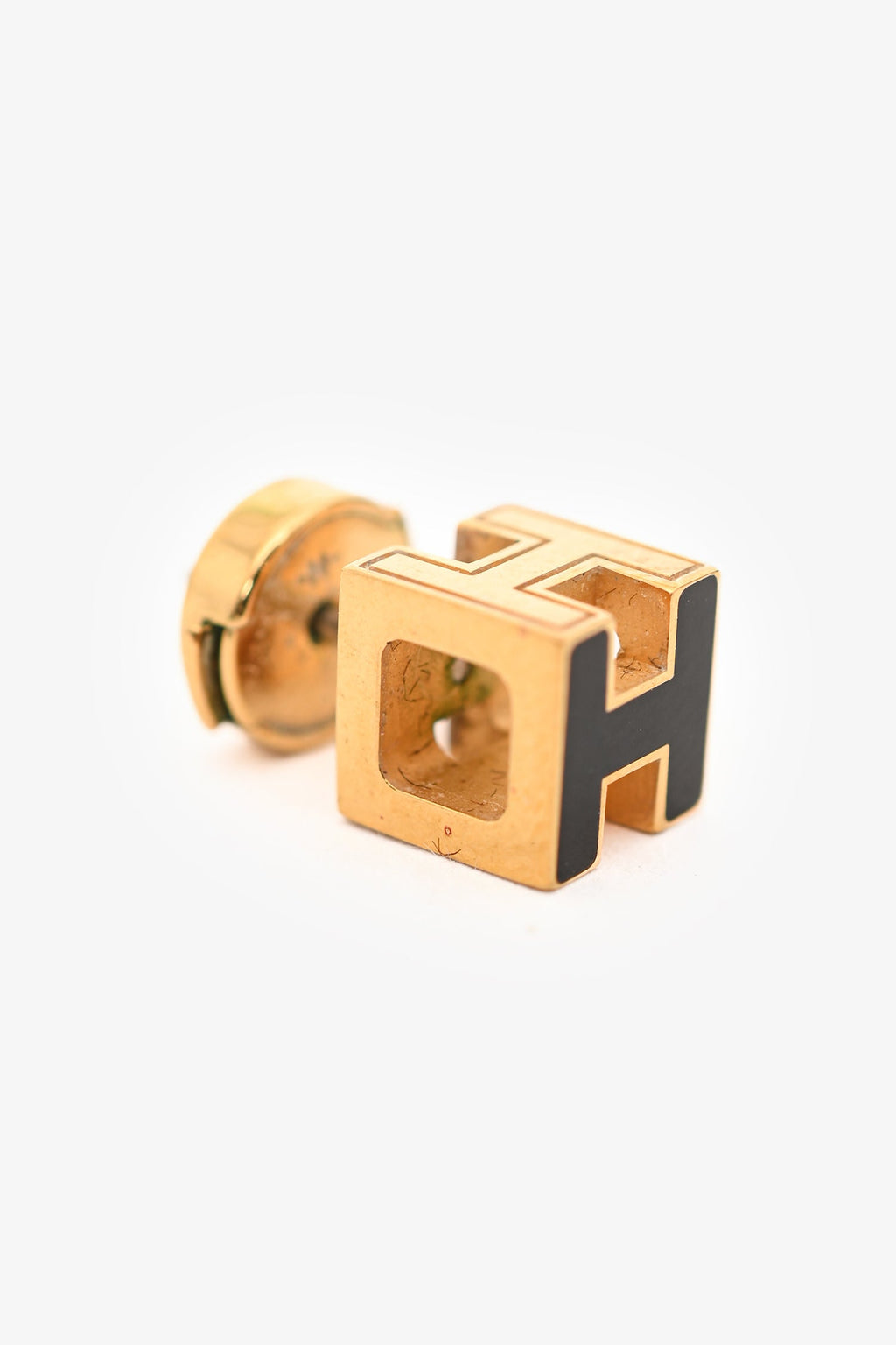 Hermès Gold Tone Metal/Black Enamel H Cube Earrings