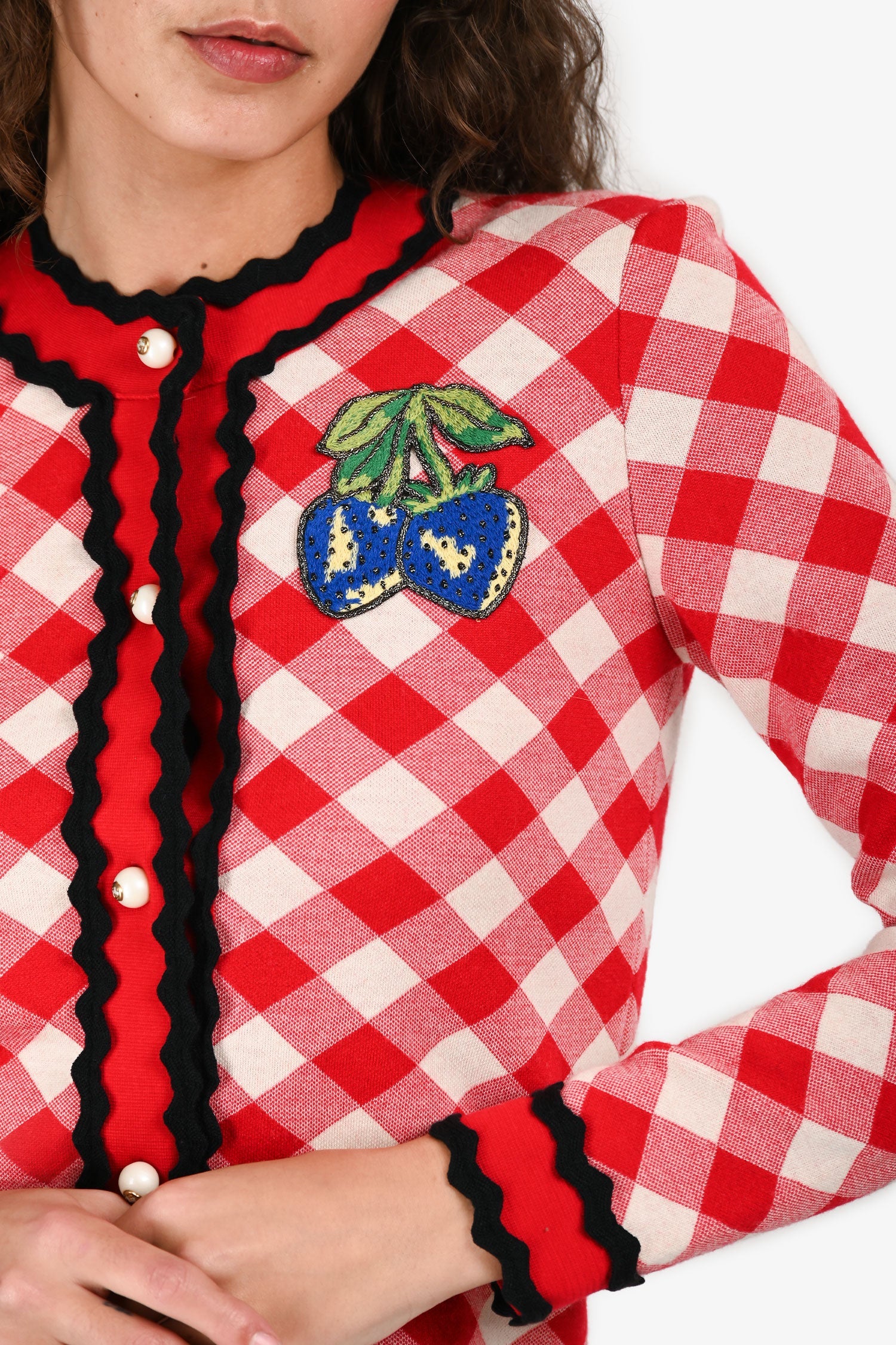 Gucci Red Wool Patterned Strawberry Embroidered igan Size 12 Kids