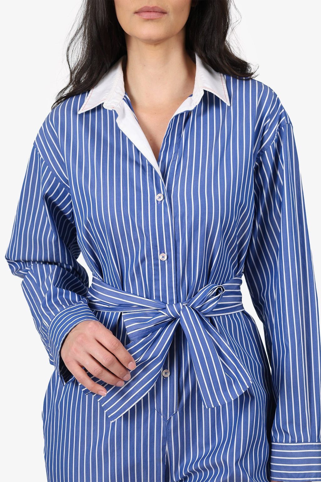 Sandro Blue/White Striped Button Up Jumpsuit Size 40