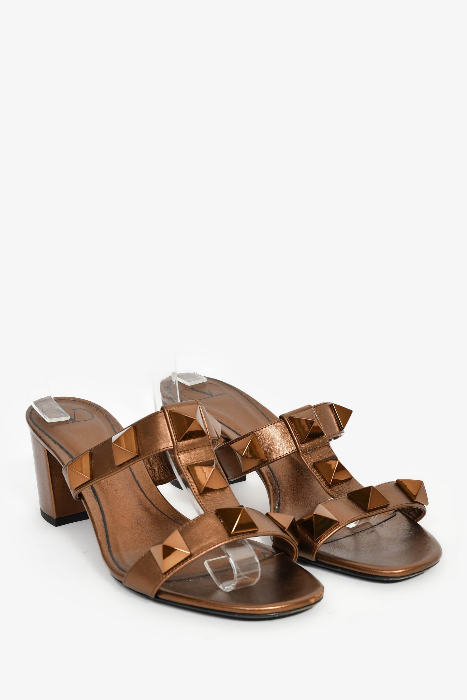 Valentino Bronze Leather 'Rockstud' Accents T-Strap Heels Size 40