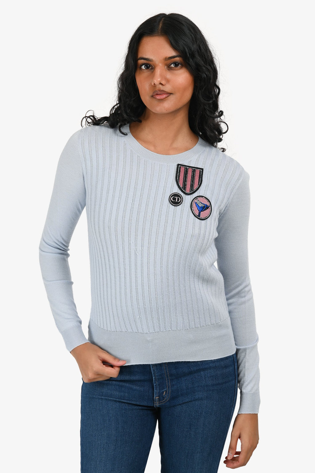 Christian Dior Blue Cashmere/Wool Patch Detail Sweater Size 4 US