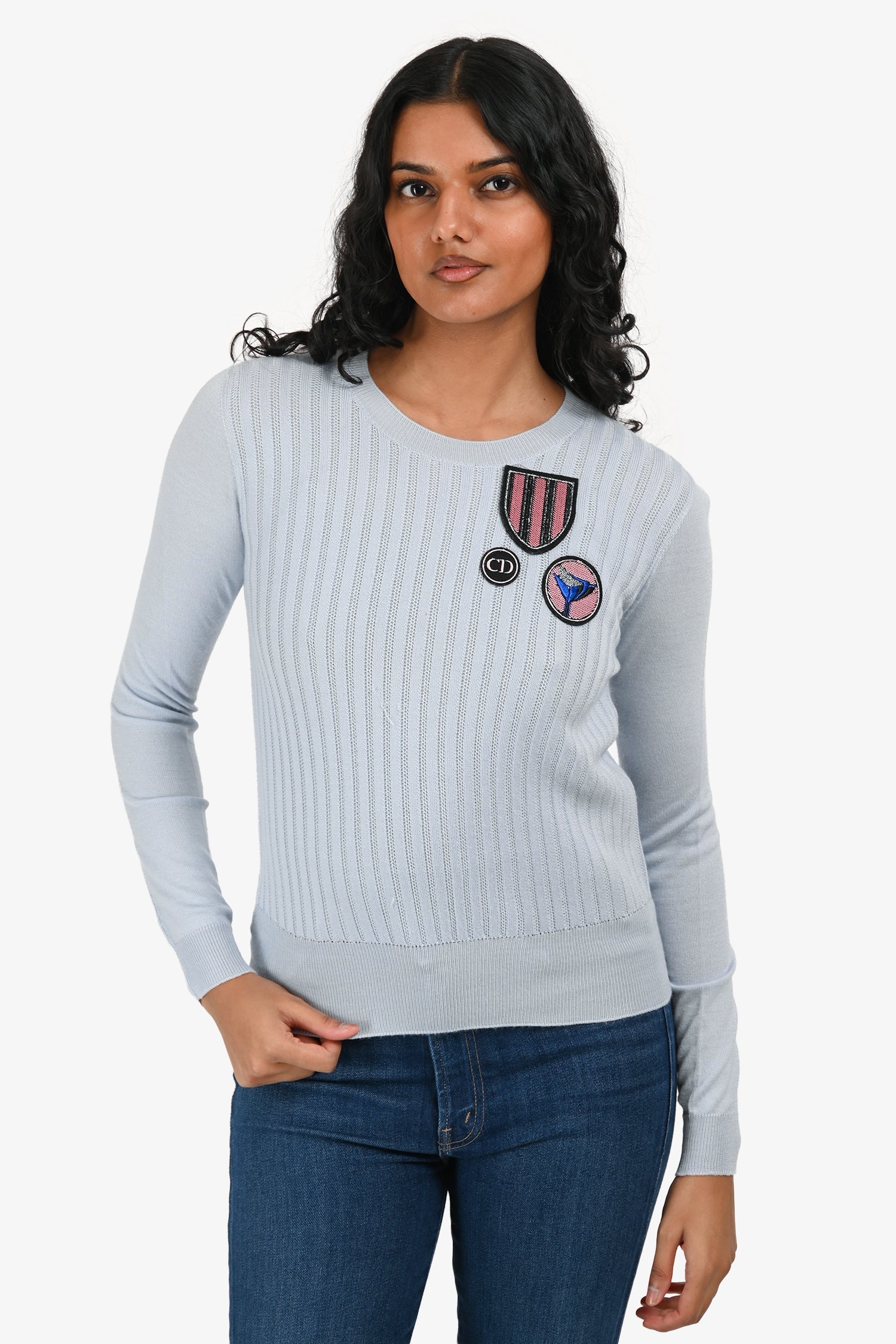 Christian Dior Blue Cashmere/Wool Patch Detail Sweater Size 4 US