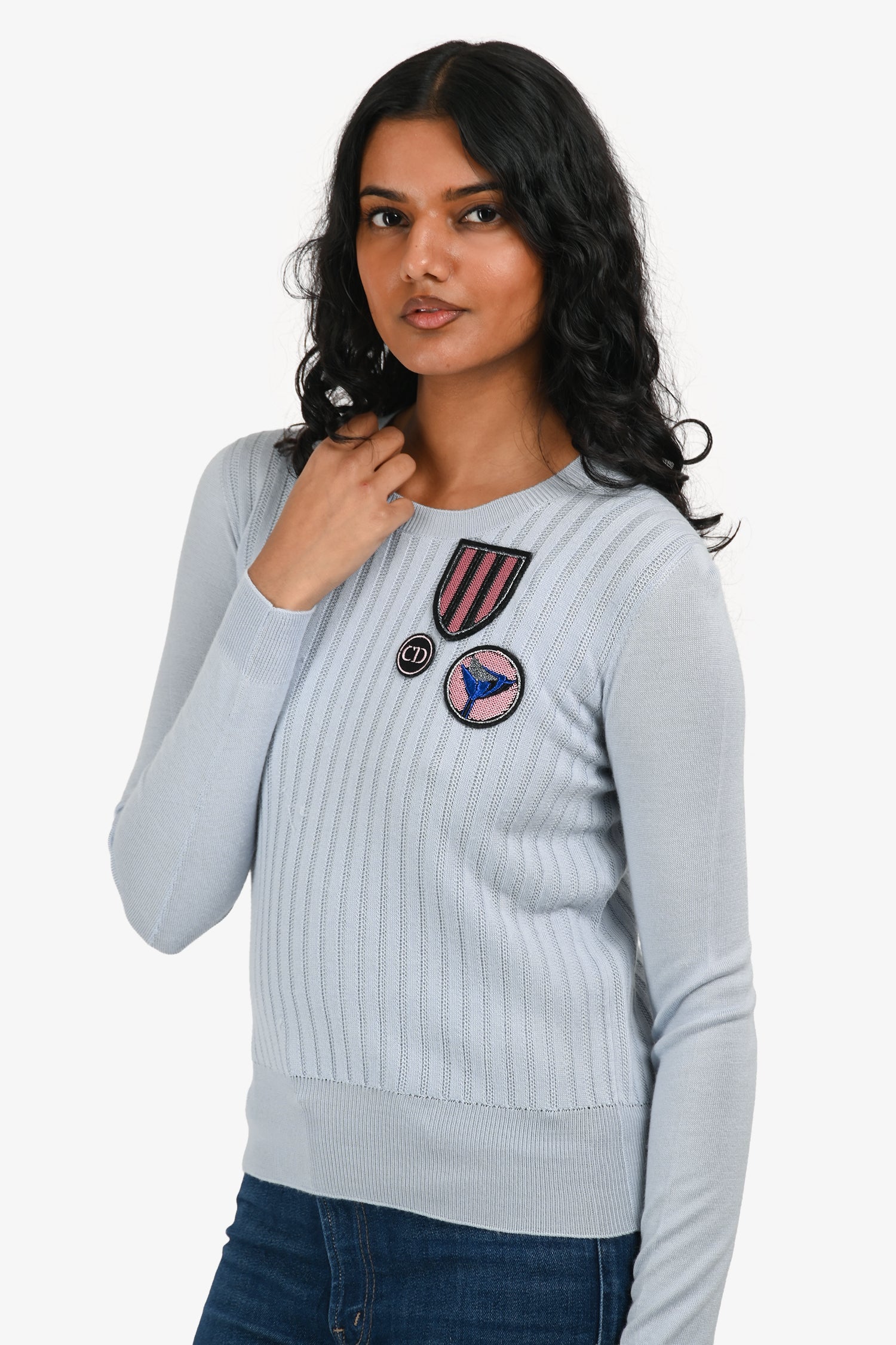 Christian Dior Blue Cashmere/Wool Patch Detail Sweater Size 4 US