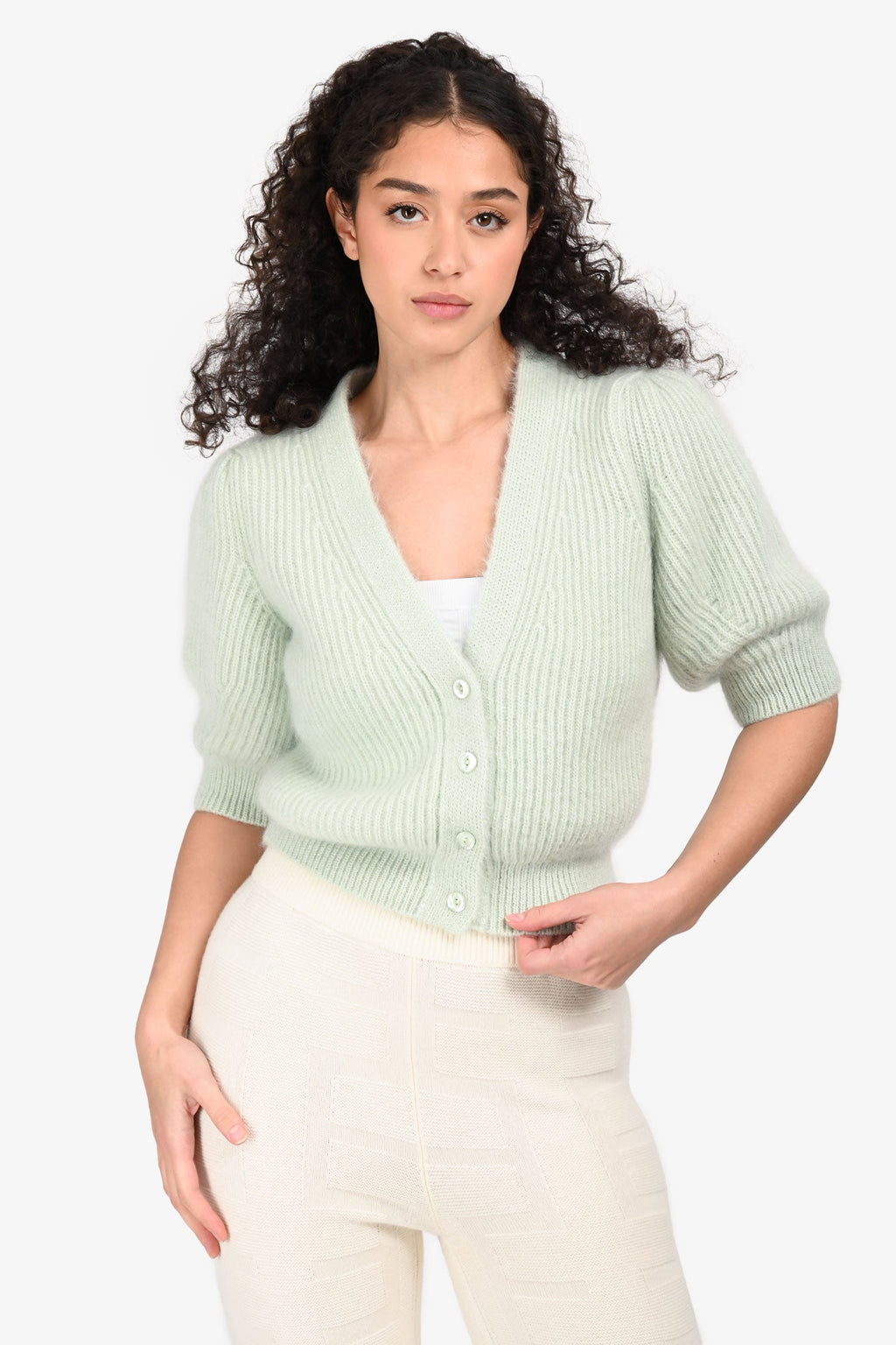 Celine Mint Green Mohair/Silk Puff Short Sleeve igan Size L