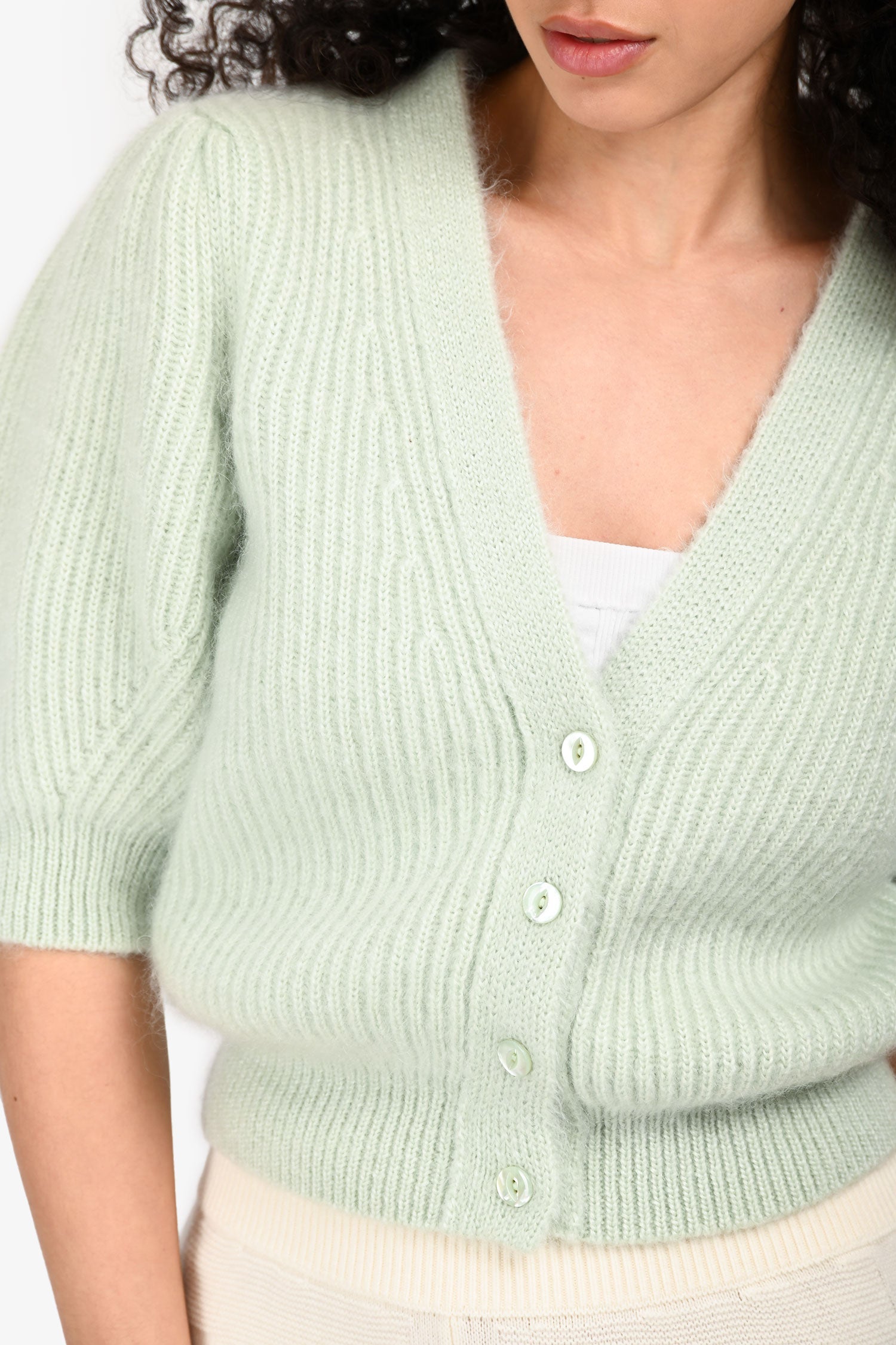Celine Mint Green Mohair/Silk Puff Short Sleeve igan Size L