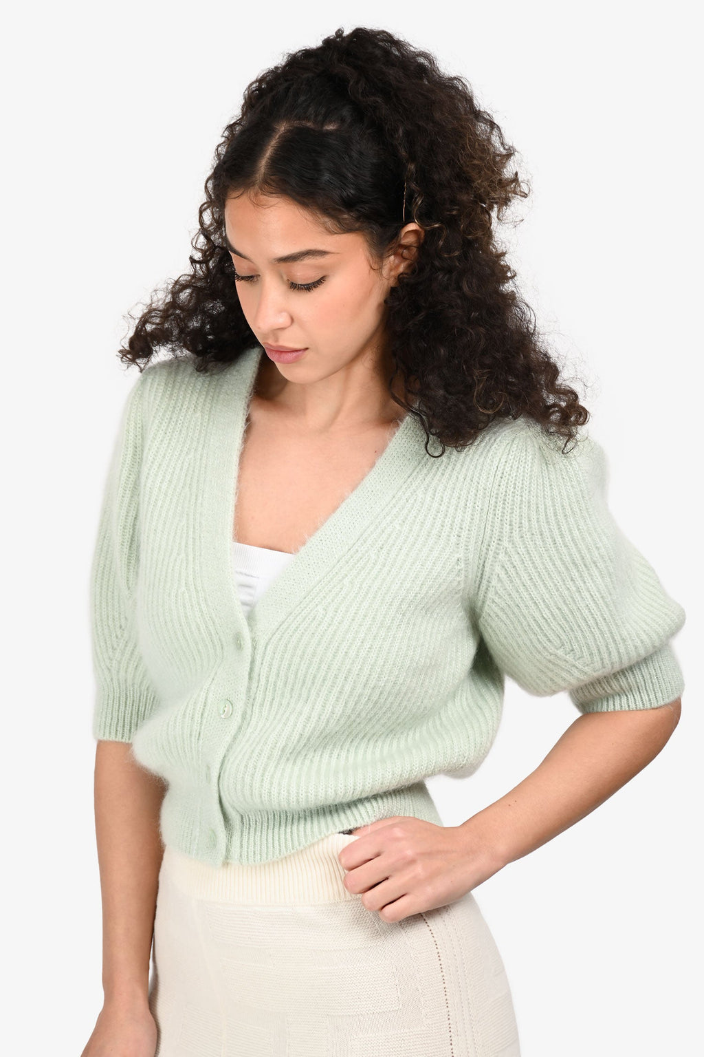 Celine Mint Green Mohair/Silk Puff Short Sleeve igan Size L