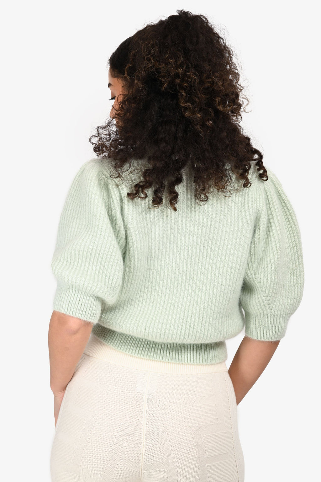 Celine Mint Green Mohair/Silk Puff Short Sleeve igan Size L