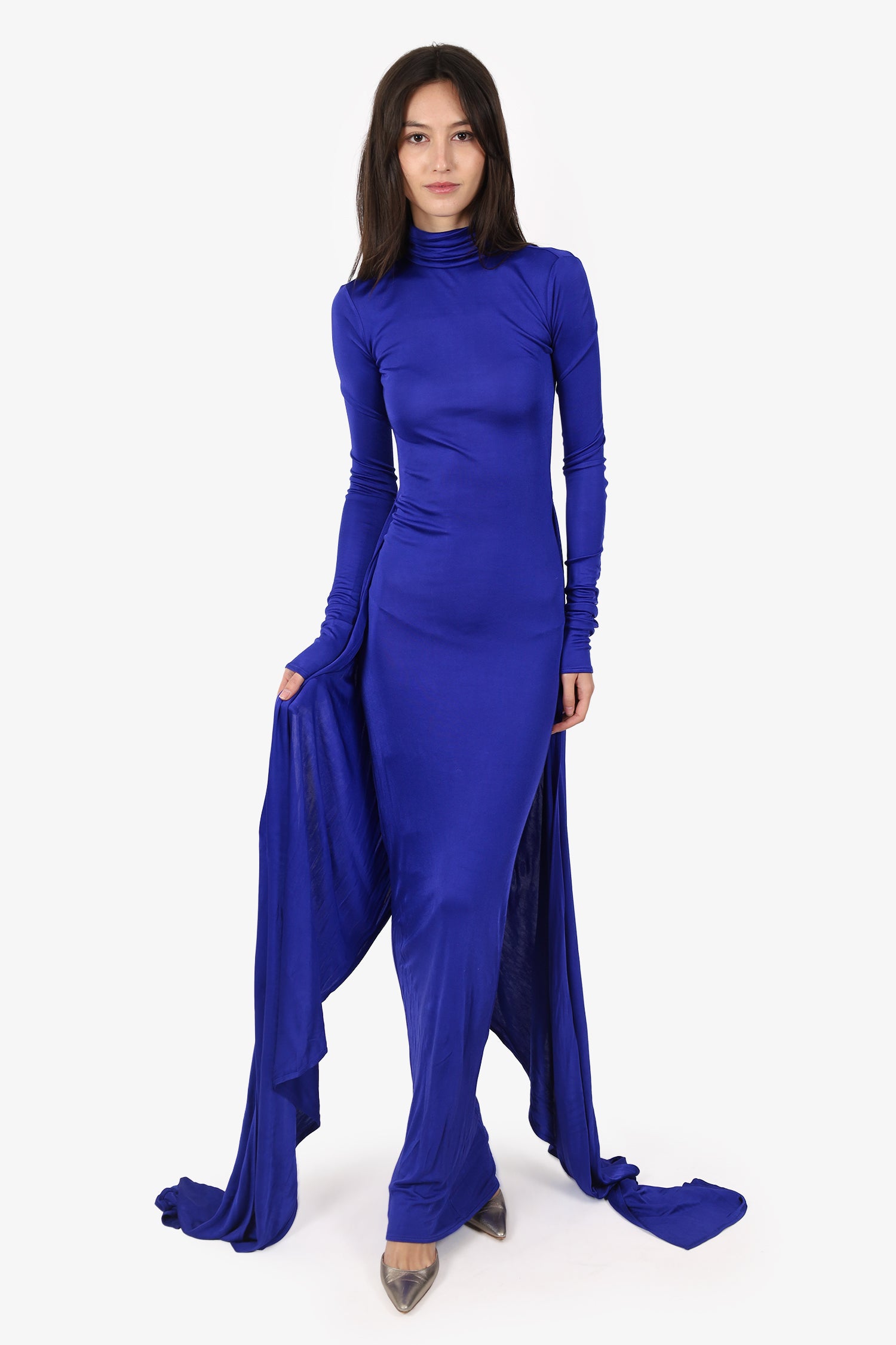 Helsa Purple Slinky Jersey Long Sleeve Turtle Neck Gown Size XXS